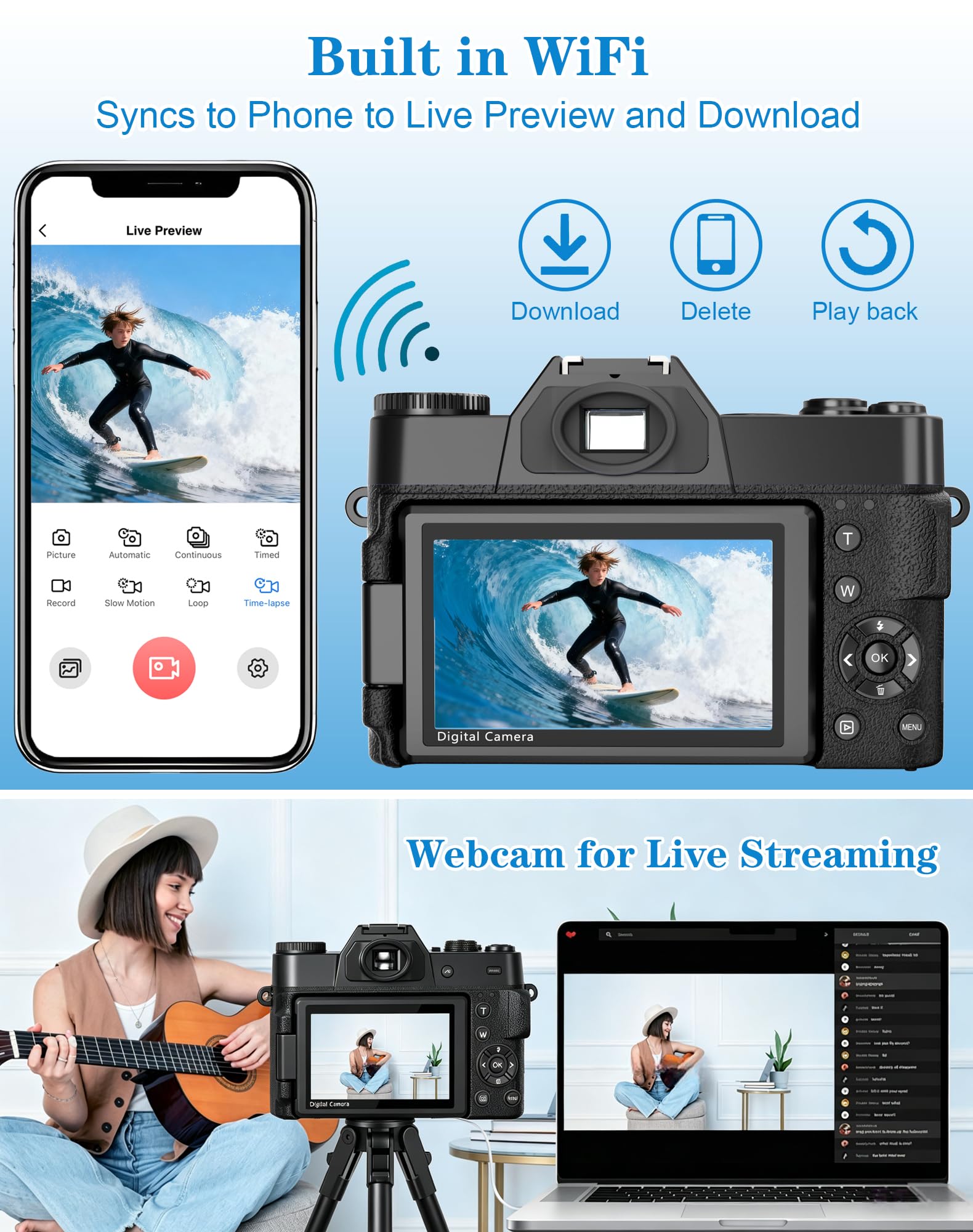 Cámara digital 4K, cámara de vlogging WiFi de 75 MP con pantalla abatible de 180°, enfoque automático, zoom de 18X, tarjeta de 32 GB, 2 baterías, cámaras digitales compactas de apuntar y disparar para