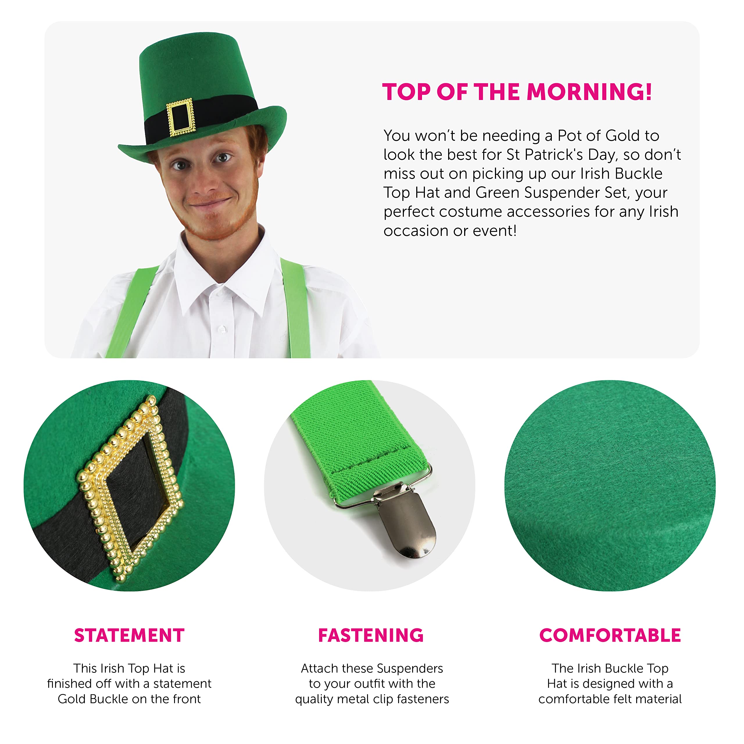 ILOVEFANCYDRESS - Sombrero y tirantes para cualquier evento irlandés de San Patricios del Día de San Paddy con hebilla de sombrero verde (4 unidades)
