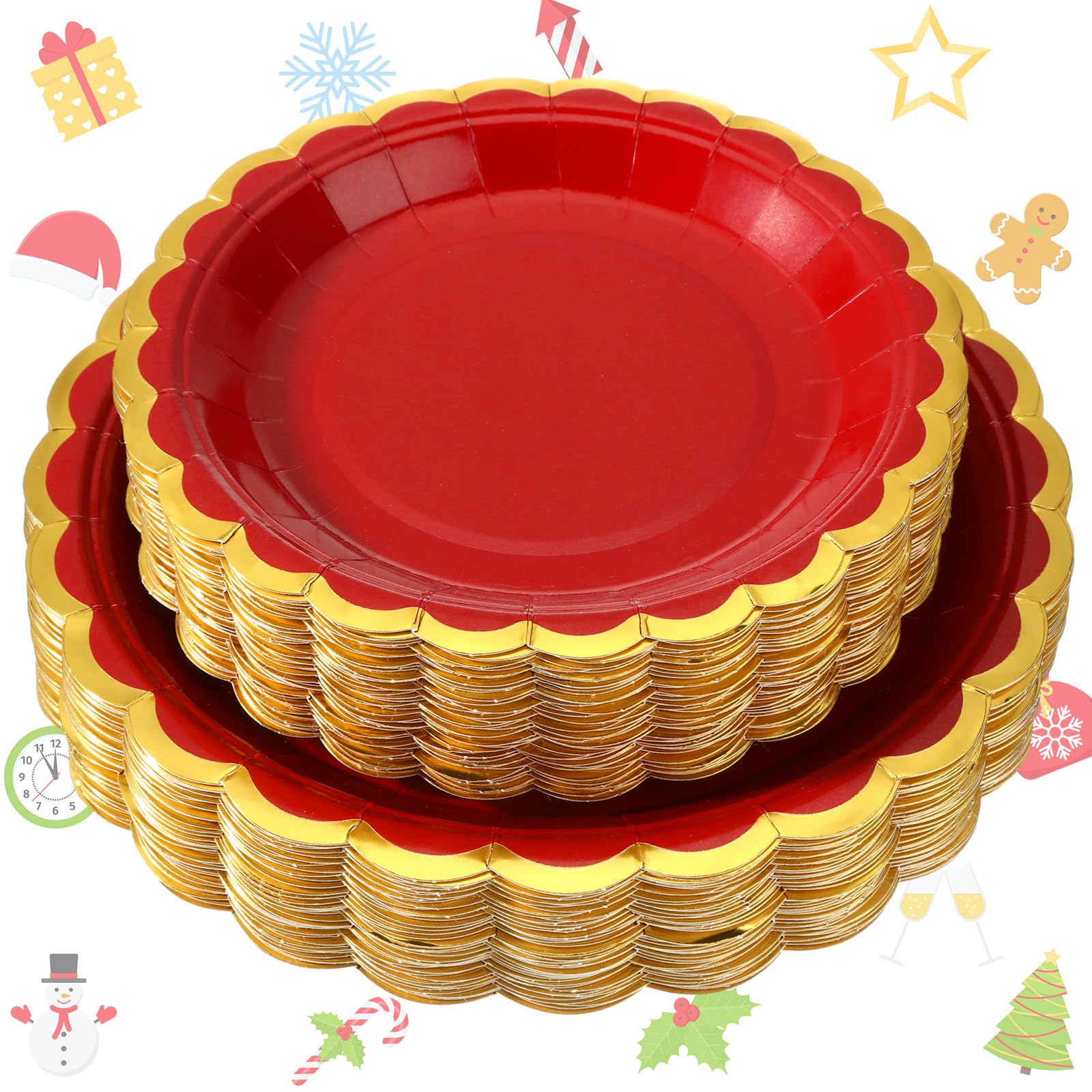 Tanlade 100 platos de papel rojo de 9 y 7 pulgadas, desechables festoneados, platos de postre con borde dorado para Navidad, baby shower, cumpleaños, vacaciones, boda, suministros de fiesta