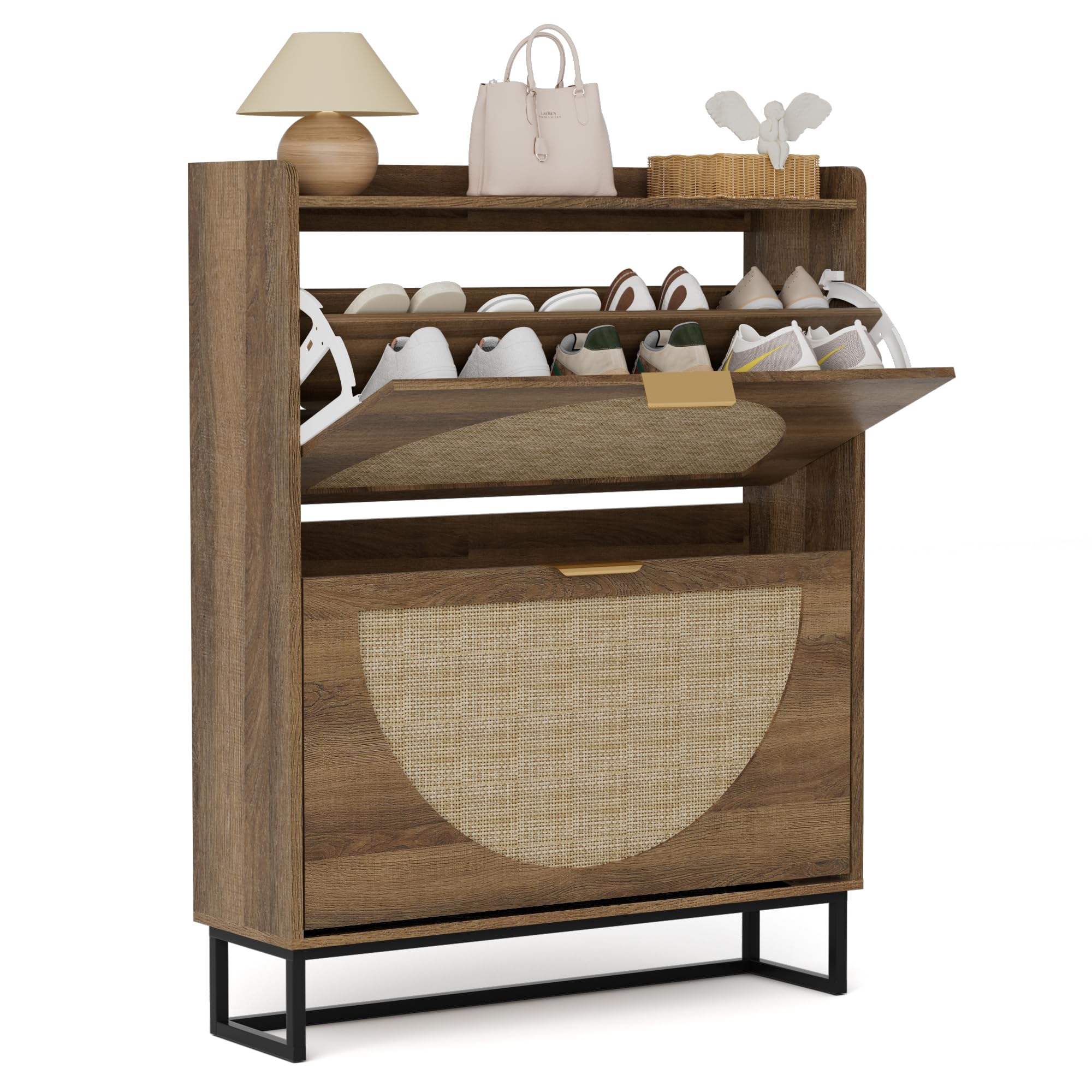 BonVache Schuhkommode mit 2 Schubladen, Rattan Design Schuhschrank Schmal Holz Für Flur, Schuhaufbewahrung mit Metallbeinen, Schuhorganizer für Eingangsbereich, Wohnzimmer, Schlafzimmer, 80x24x101cm