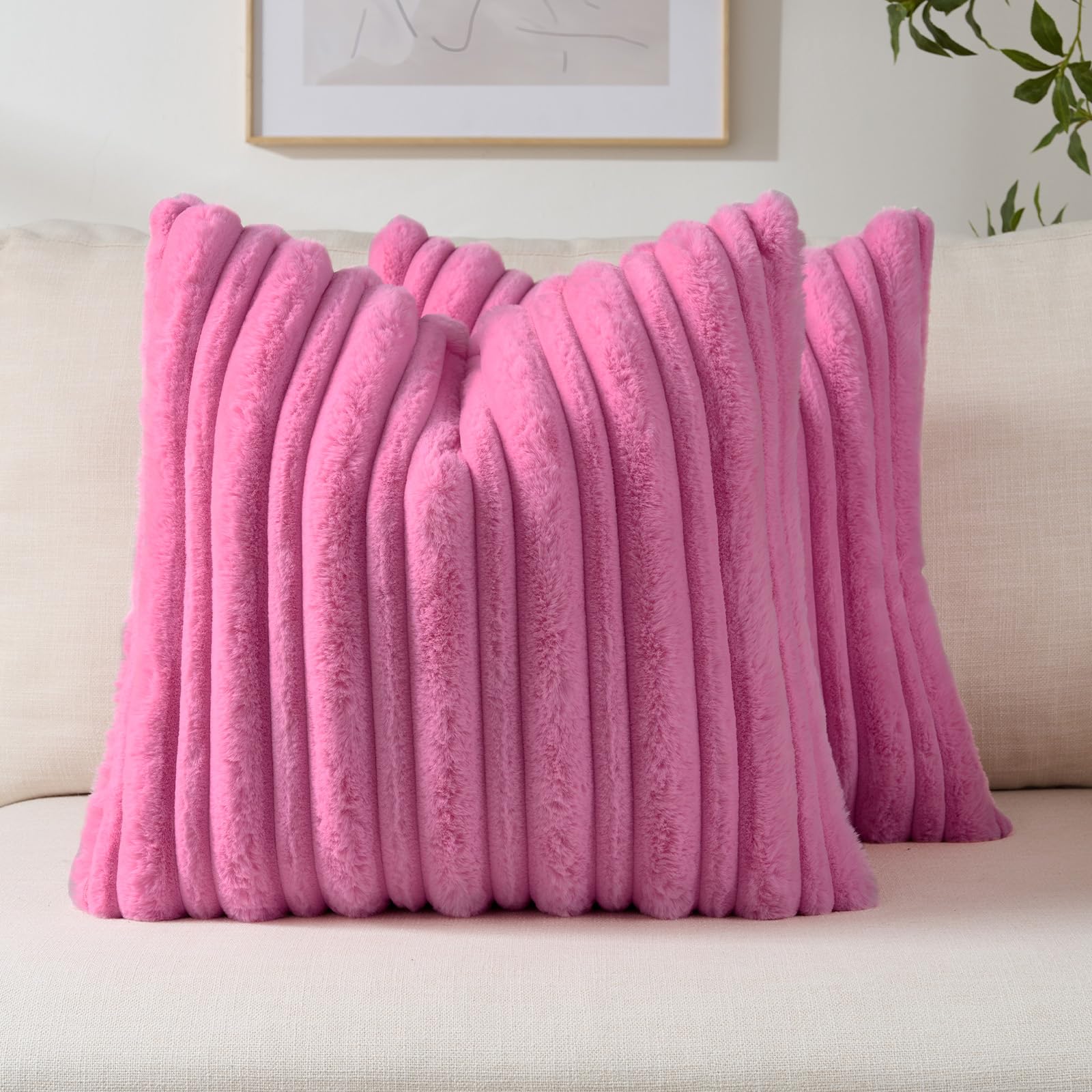 FUTEI Set of 2 Fluffy Faux Fur 40x40 cm Cushion Covers Double Sided Soft Plush Striped Textured Scatter Pillow Covers 40 x 40 cm Modern Accent for Sofa Bed Living Room, Hot Pink