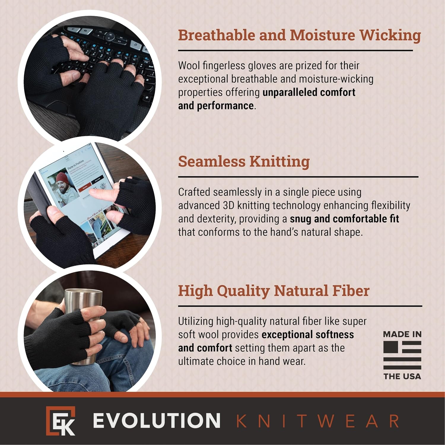 Evolution Knitwear Wool Knit Fingerless Gloves - Made in the USA - Super Soft Merino Wool - Large