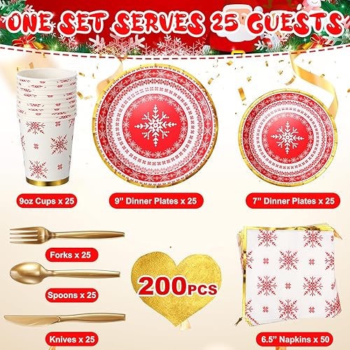 Miniatura 2 de Juego de vajilla de Navidad de 200 piezas, platos y servilletas desechables de papel rojo y blanco para 25 invitados, kits de vajilla dorada, tazas,