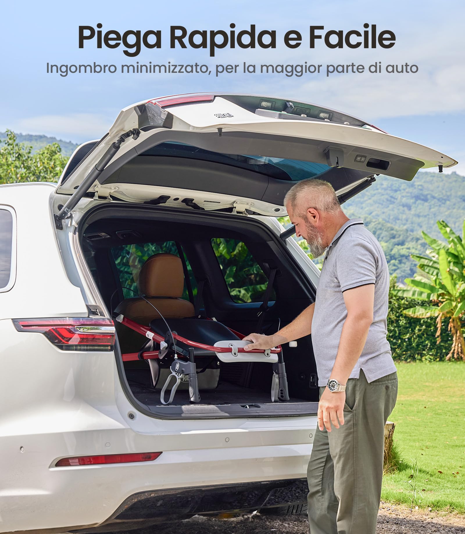 VOCIC Deambulatore pieghevole e leggero con seduta, 6,3 kg ultraleggero | Deambulatore per anziani, max 150 kg, sedile ergonomico, altezza regolabile, walker stretto per casa & viaggi, granata