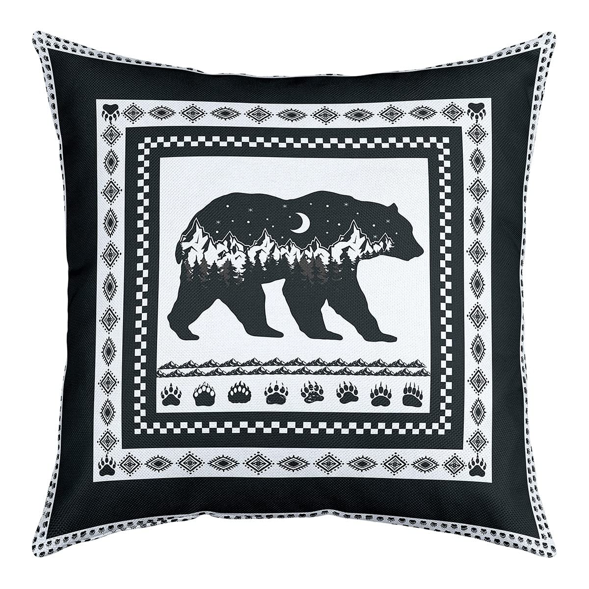 Bear Throw Pillow Covers 20x20 Set of 4 Snow Mountain Pillow Covers For Bed Couch Rustic Wild Animal Paw Prints Decorative Square Pillow Cases Cabin Nature Wildlife Bear Cushion Covers,Black White
