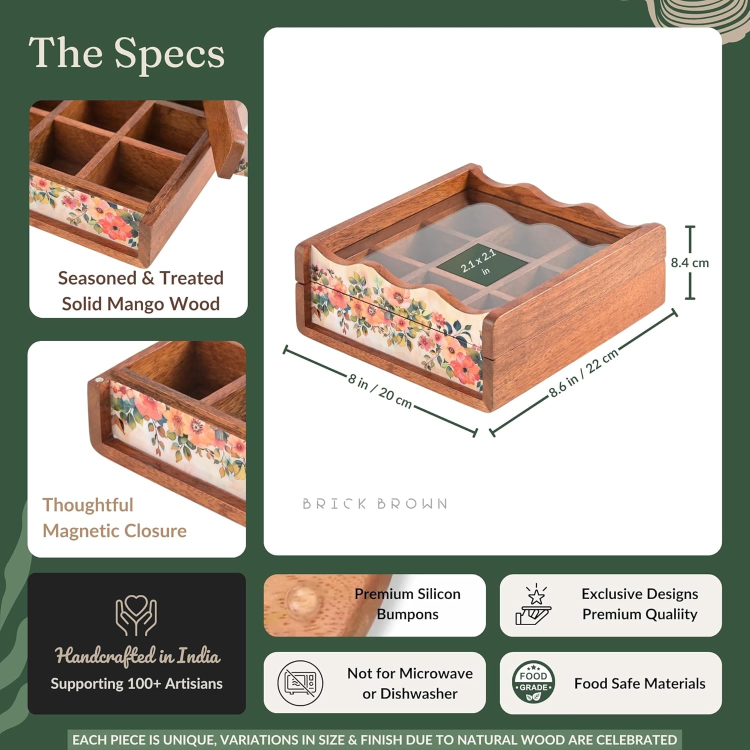 Brick Brown® Premium Wooden Pastel Flora Nava Masala Box with Wooden Spoon | 9-Compartment Spice Box Organizer with Acrylic Lid Meenakari Work | Masala Dani Namak Dani | Masala's Container Dabba