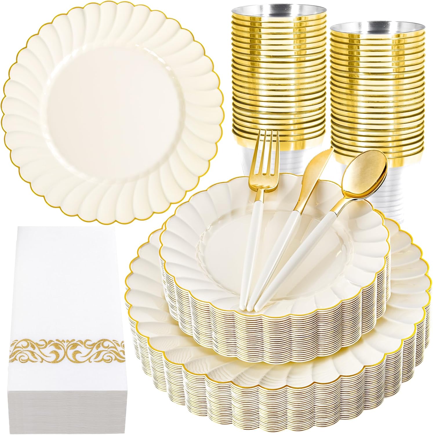 Ciaell 175 PCS Ivory Scalloped Plastic Plates - Gold Disposable Plates Fancy High-end Dinnerware Sets for Wedding & Party (25 Guests)