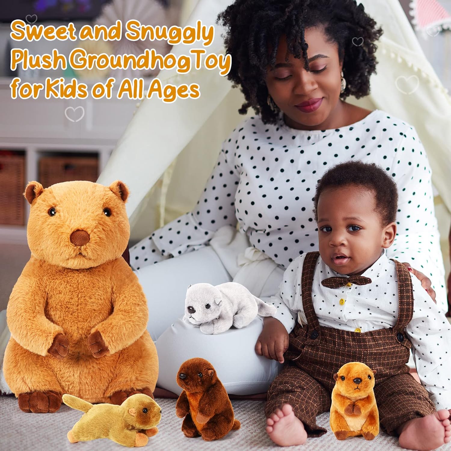 Deekin 5 Pcs Groundhog Plush Stuffed Animal Set 14 Inch Groundhog Mommy with 4 Cuddly Valentine Plush Marmot Babies in Belly for Birthday Holiday Party Favors Decoration