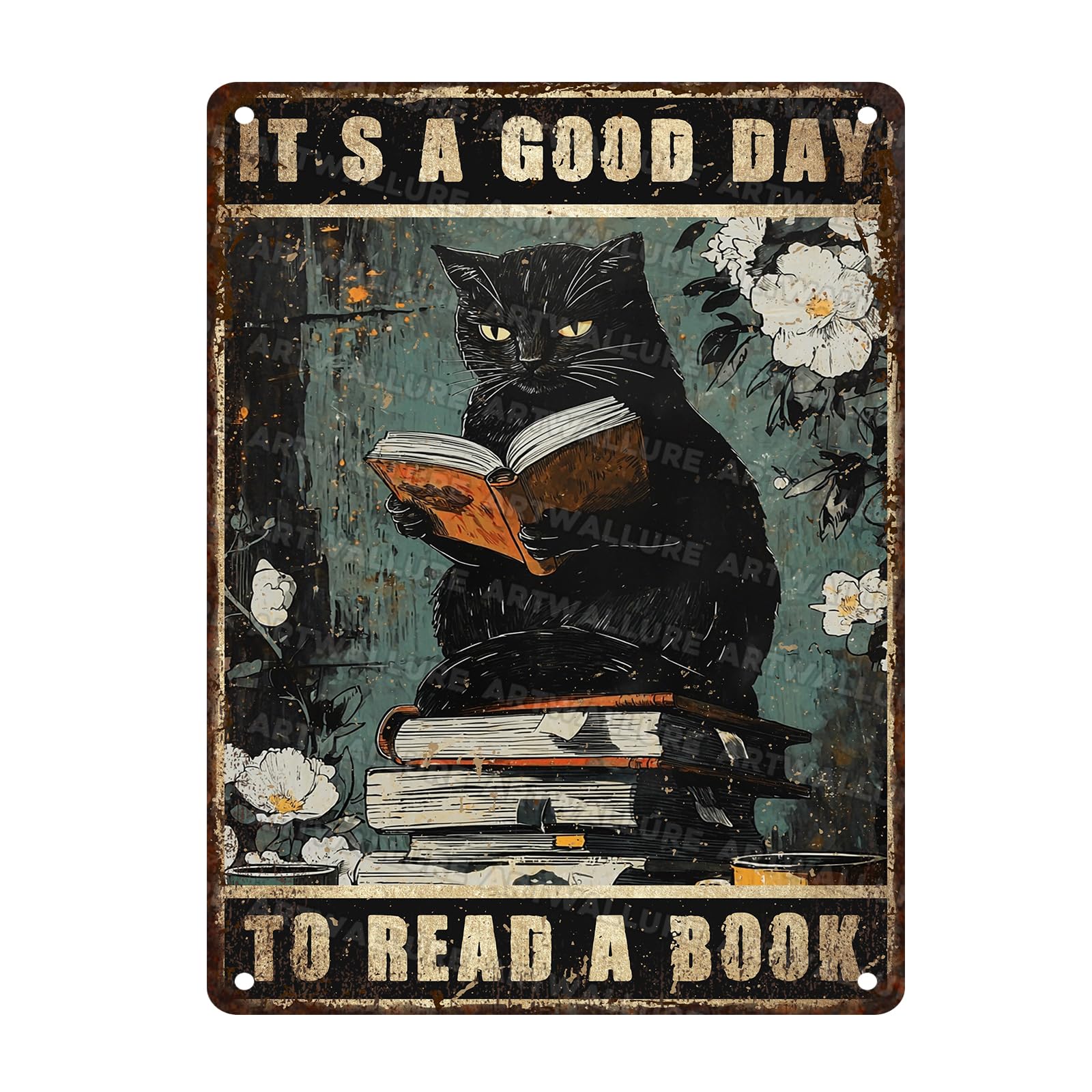 It's A Good Day To Read A Book Funny Black Cat Metal Sign Vintage Wall Decor for Bedroom Office Library Study Room Wall Decor 12x16inch