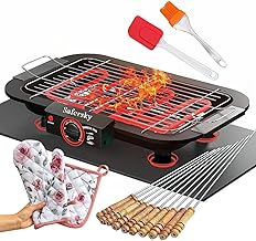 SAFERSKY Electric Barbeque Grill For Home 2000W Electric Bbq Grill Tandoori Maker Smokeless Barbeque Grill Set For Indoor/Outdoor Barbique Paneer tikka Fish Grilled 12 Stick, Gloves Set, 2 Oil Brush.