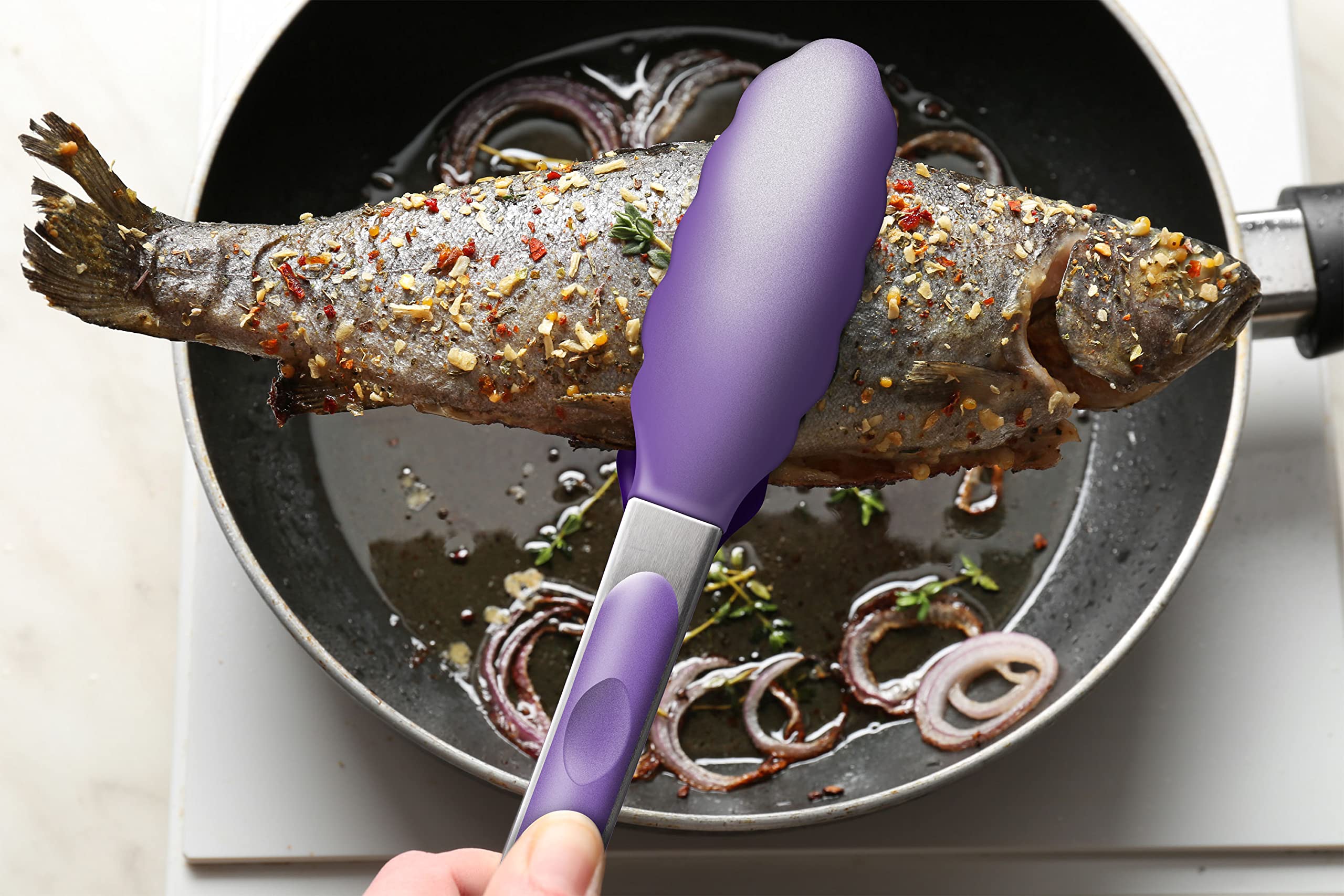2 Stück Silikon-Küchenzangen - 22,9 cm & 30,5 cm Set, hitzebeständig bis 260 °C, antihaftbeschichtetes Kochgeschirr sicher, gewellte Silikonspitzen, BPA-frei, Verschlussclip & Aufhängeschlaufe, Lila