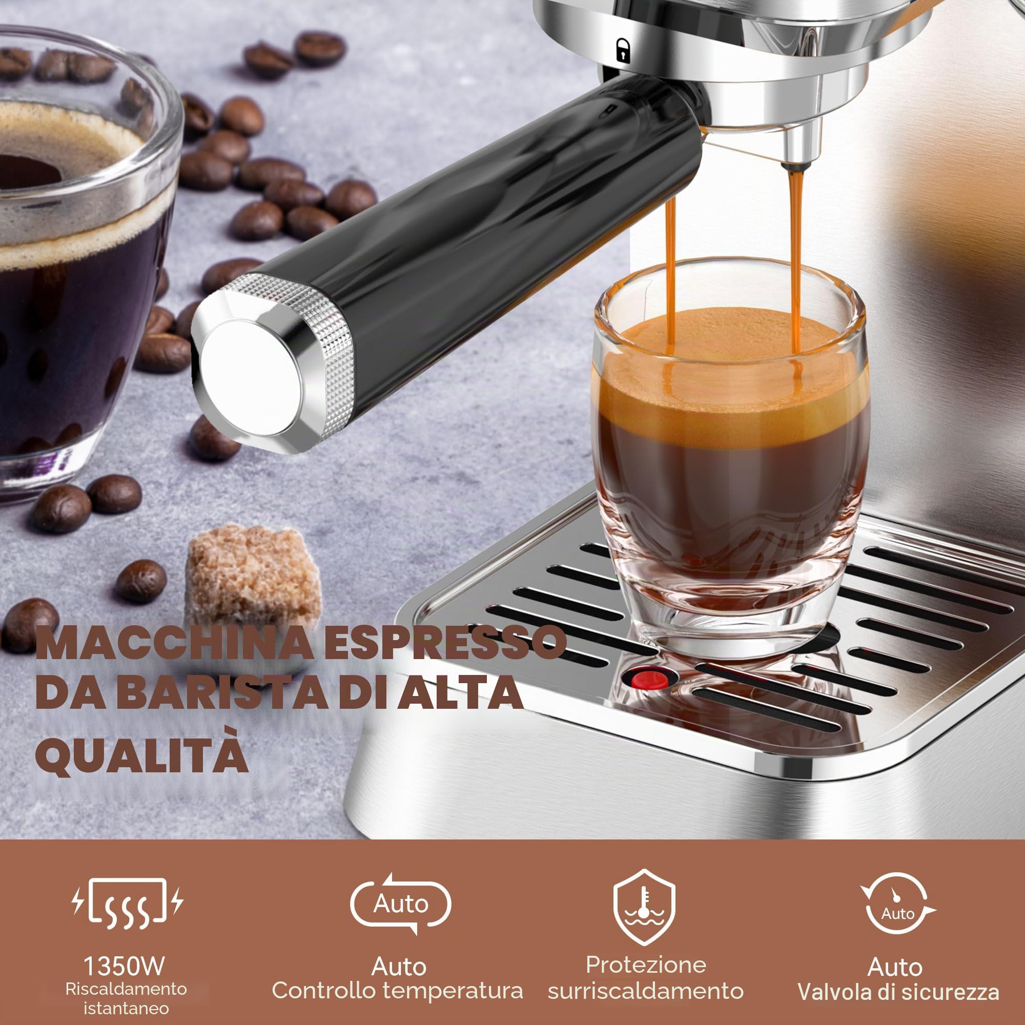 KitchenBoss Macchina Caffè Espresso Professionali : 15 Bar per la Casa, Macchina Caffè Cappuccino con Lancia Vapore Montalatte, Macchina Caffè per Latte, Serbatoio Estraibile 1,2 L