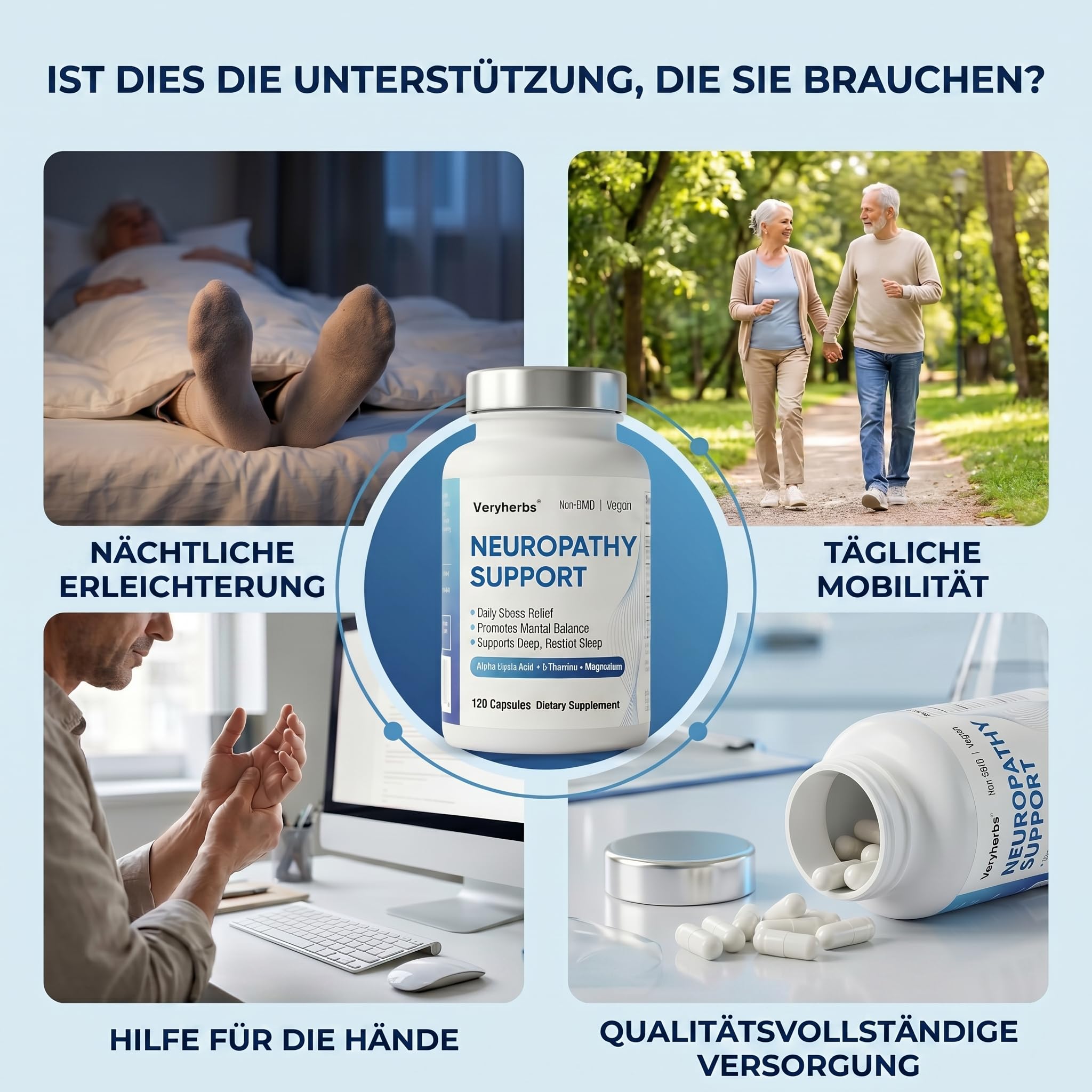 Nerve Support Supplement - Alpha-Liponsäure (Alpha Lipoic Acid) 650mg | Hochdosiert zur Unterstützung Nervensystem, Fortschrittliche Formel für Komfort an Händen, Füßen und Zehen, 120 Kapseln