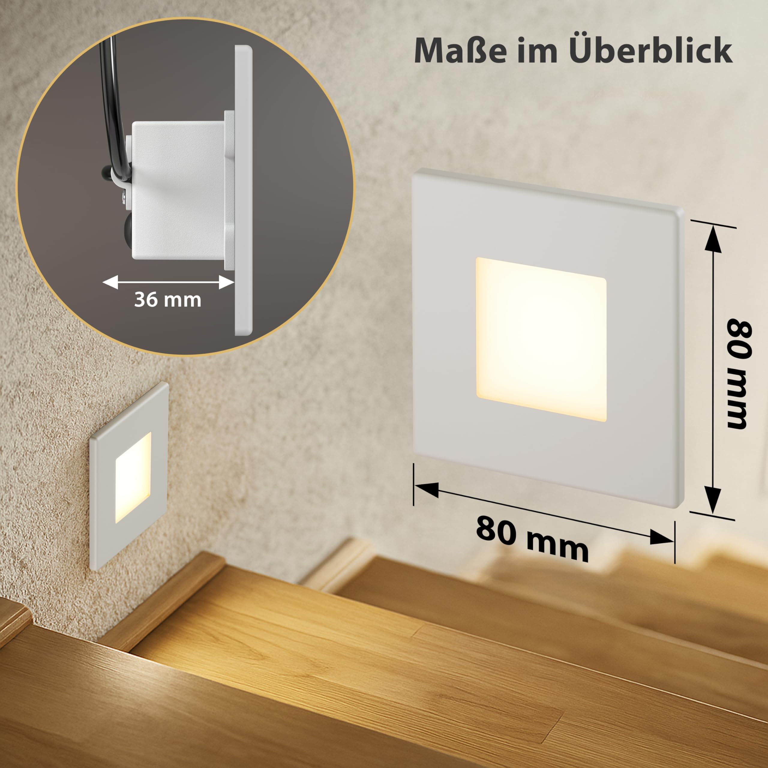 ledscom.de 12x LED Treppenlicht/Wandeinbauleuchte FEMA für innen und außen, eckig, 80 x 80mm, warmweiß