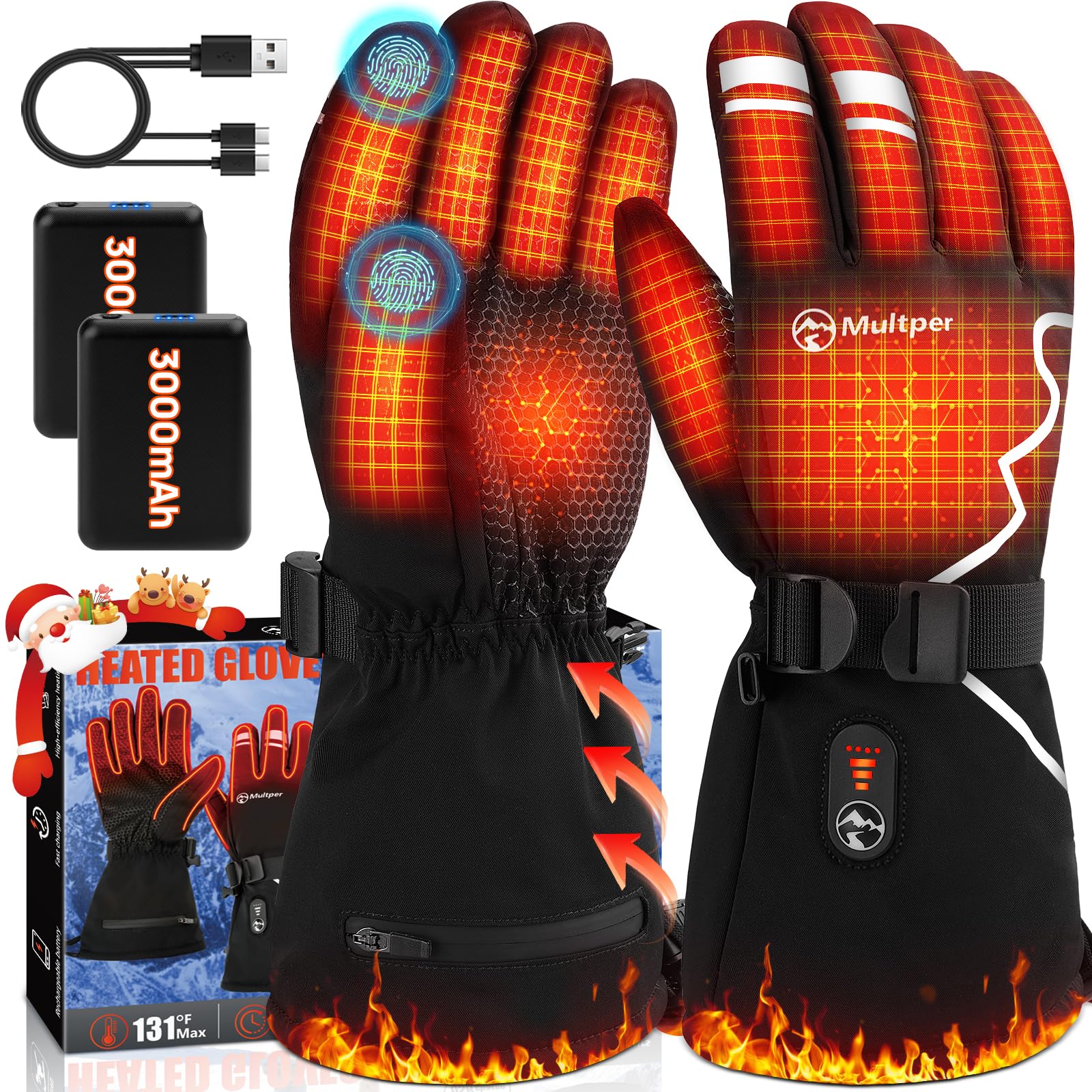 Multper Guanti Riscaldati per Uomini Donne, 7.4 V 3000 mAh × 2, 3 Temperatura Regolabile, Guanti Bici Uomo con Touchscreen Impermeabile Antivento, per Sport Invernali, Sci e Motociclismo