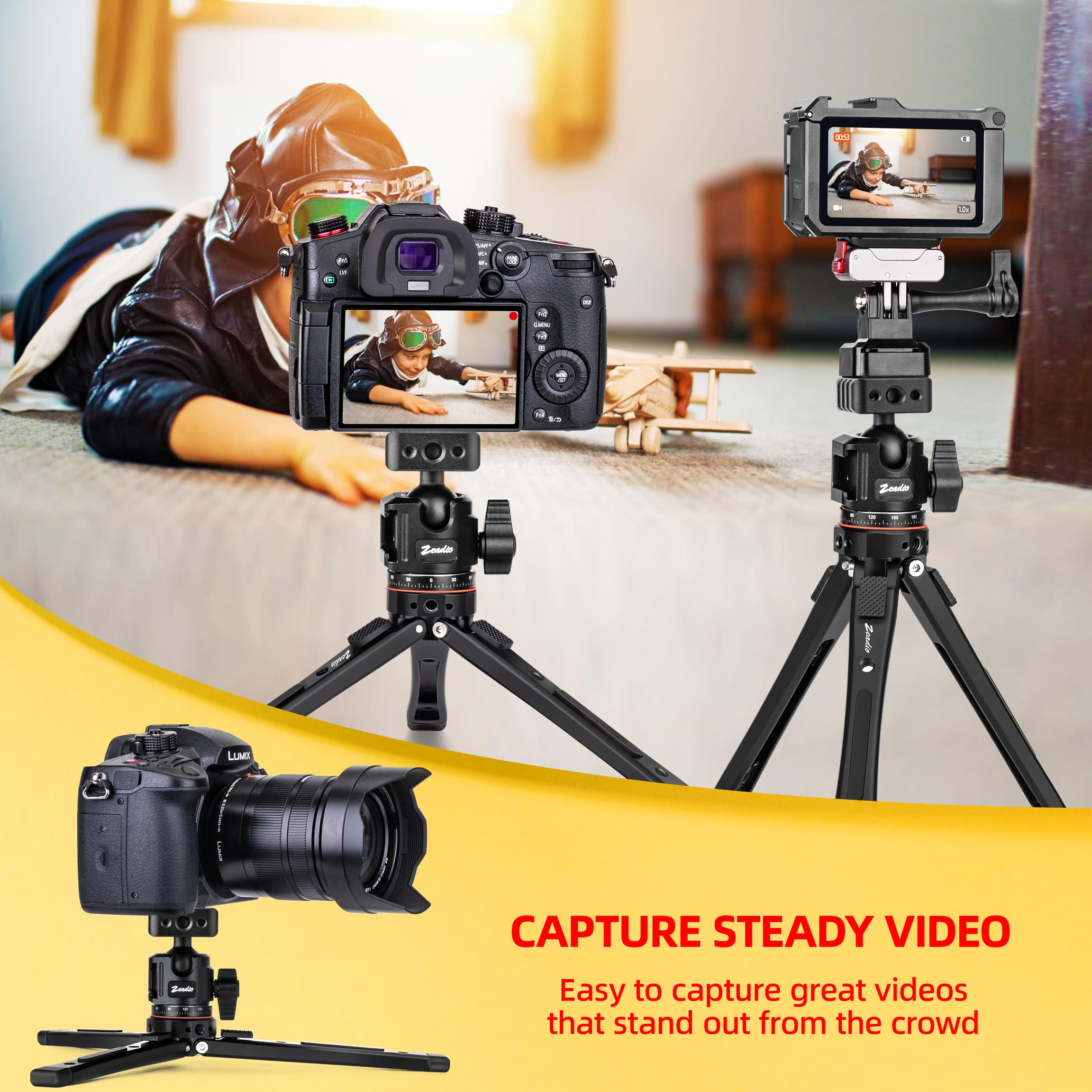 Zeadio Kit Treppiedi in Metallo Resistente: con Montatura a Sfera 360°, Clip per Telefono e Action Camera Adattatore, Montatura Universale da 1/4" per Smartphone Vlog Fotocamera Gimbal ecc