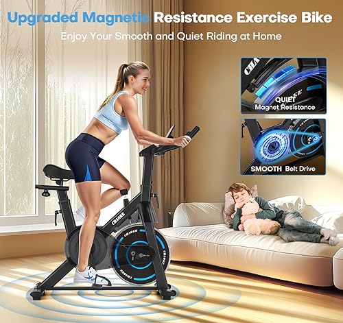 Miniatura 4 de CHAOKE - Bicicleta estática silenciosa, resistencia magnética, capacidad de 300 libras, para el hogar, compatible con aplicaciones, bicicleta de
