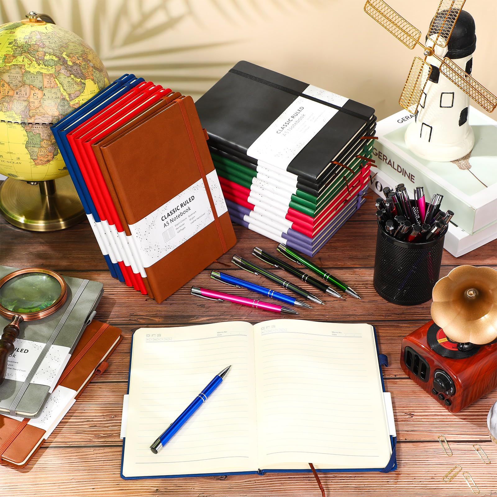 Dispowreath Set di 24 quaderni A5 con 24 penne, copertina rigida, a righe, classici, a righe, per lavoro, scuola, ufficio, viaggi d'affari, 128 pagine, 21 x 14 cm (multicolore)