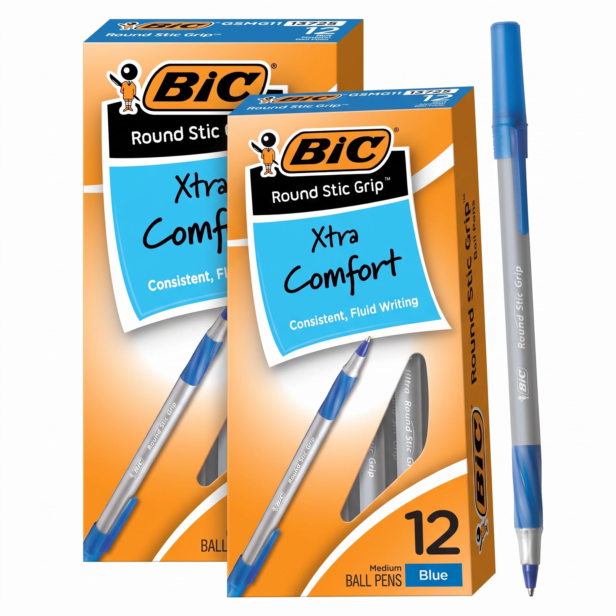 BIC Round Stic Grip Xtra Comfort Blue Ballpoint Pens, Medium Point (1.2mm), Excellent Writing Pens With Soft Grip for Superb Comfort and Control, 12 Count (Pack of 2)
