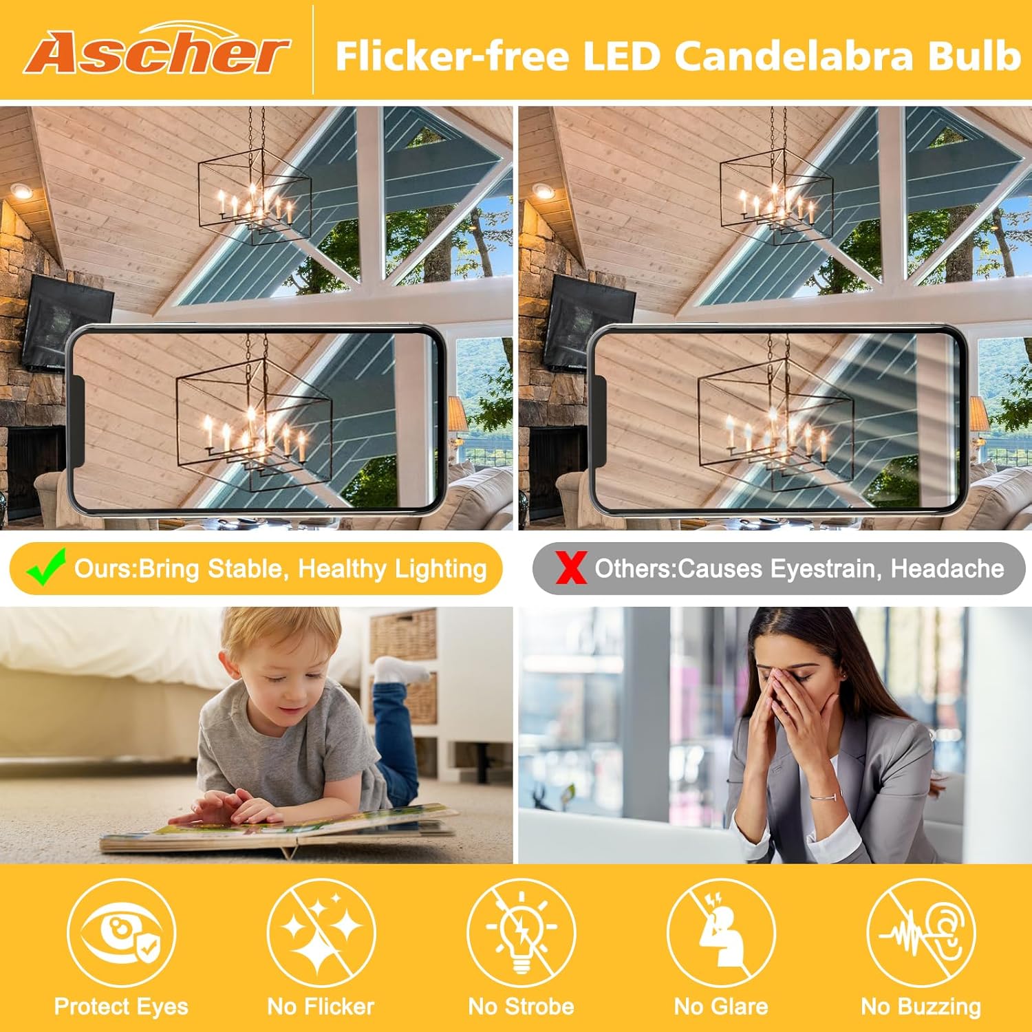 Ascher E12 LED Classic Candelabra Clear Light Bulb, 4W, Equivalent 40W, Warm White 2700K, Non-Dimmable, Filament Clear Glass, Pack of 5 - Image 7