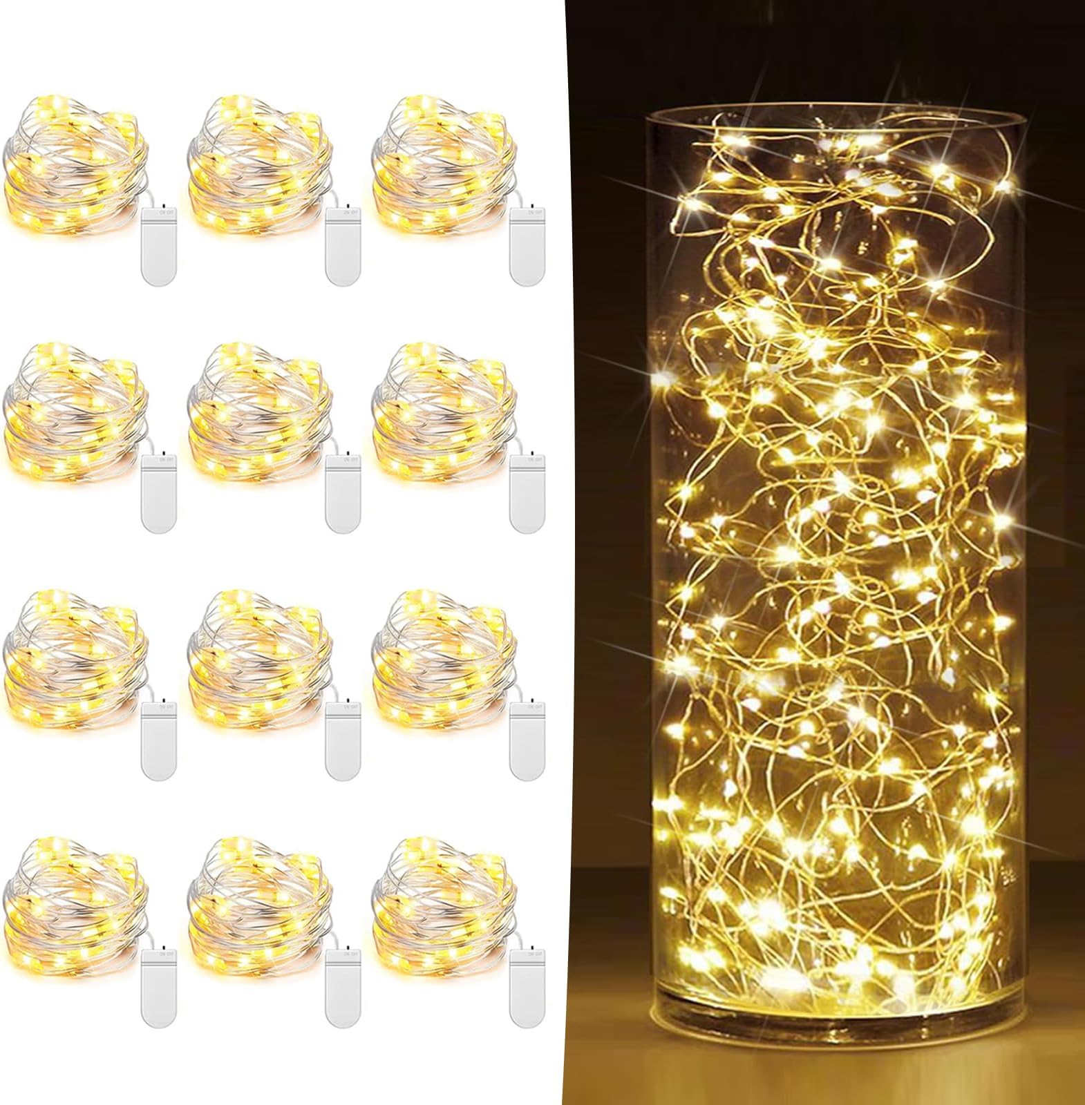 12 Pack Fairy Lights Battery Operated 7ft 20 LED Mini String Lights Twinkle Lights Silver Wire Firefly Starry Lights for Mason Jars Wedding Party Christmas Centerpiece Table Decorations, Warm White