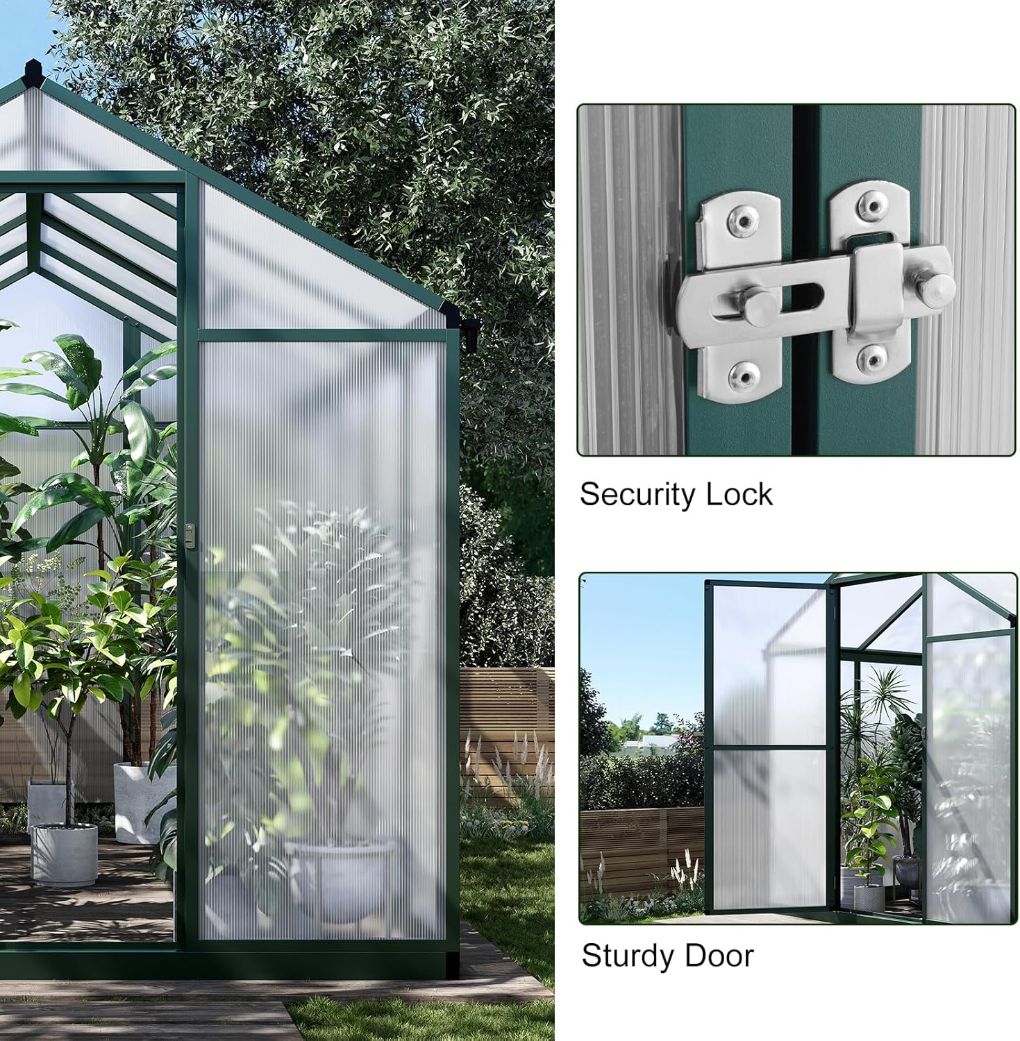 Close-up of the greenhouse door with a security lock and a view of the sturdy door construction