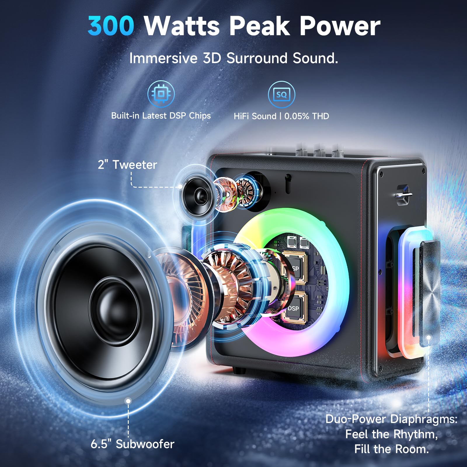 HWWR Karaoke maschine, Tragbarer Bluetooth 5.3 Lautsprecher, Karaoke Anlage mit 3 mikrofonen, 300W Vintage Leder PA Anlage mit Tonhöhenkorrektur, Unterstützung für TV/TWS/TF-Karte/USB/AUX/Live (3MICS)