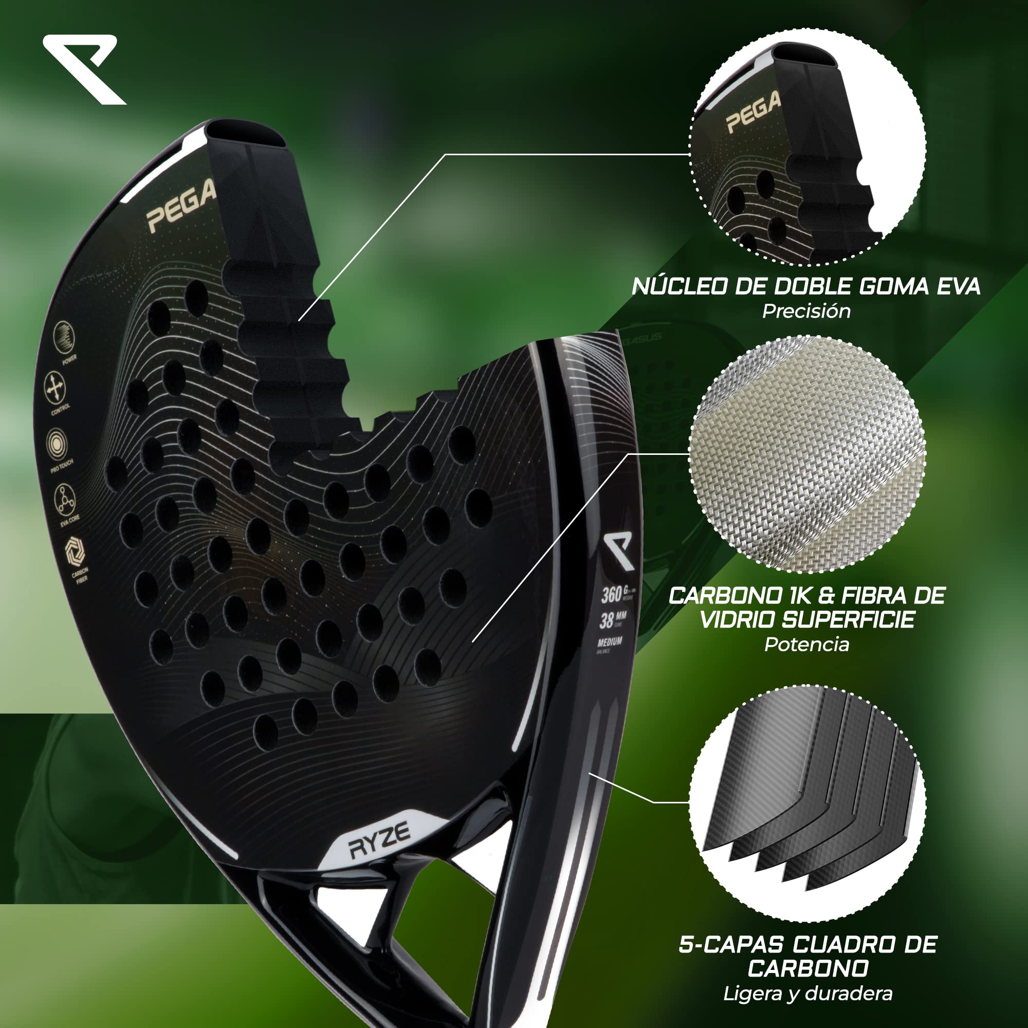 RYZE Pala de Padel 100% Fibra de Carbono - Máxima Potencia y Control - Raqueta de Padel Ligera y Duradera - Espuma EVA - Unisex Pala de Padel para Hombre y Mujer - Padel Raqueta con Funda Incluido