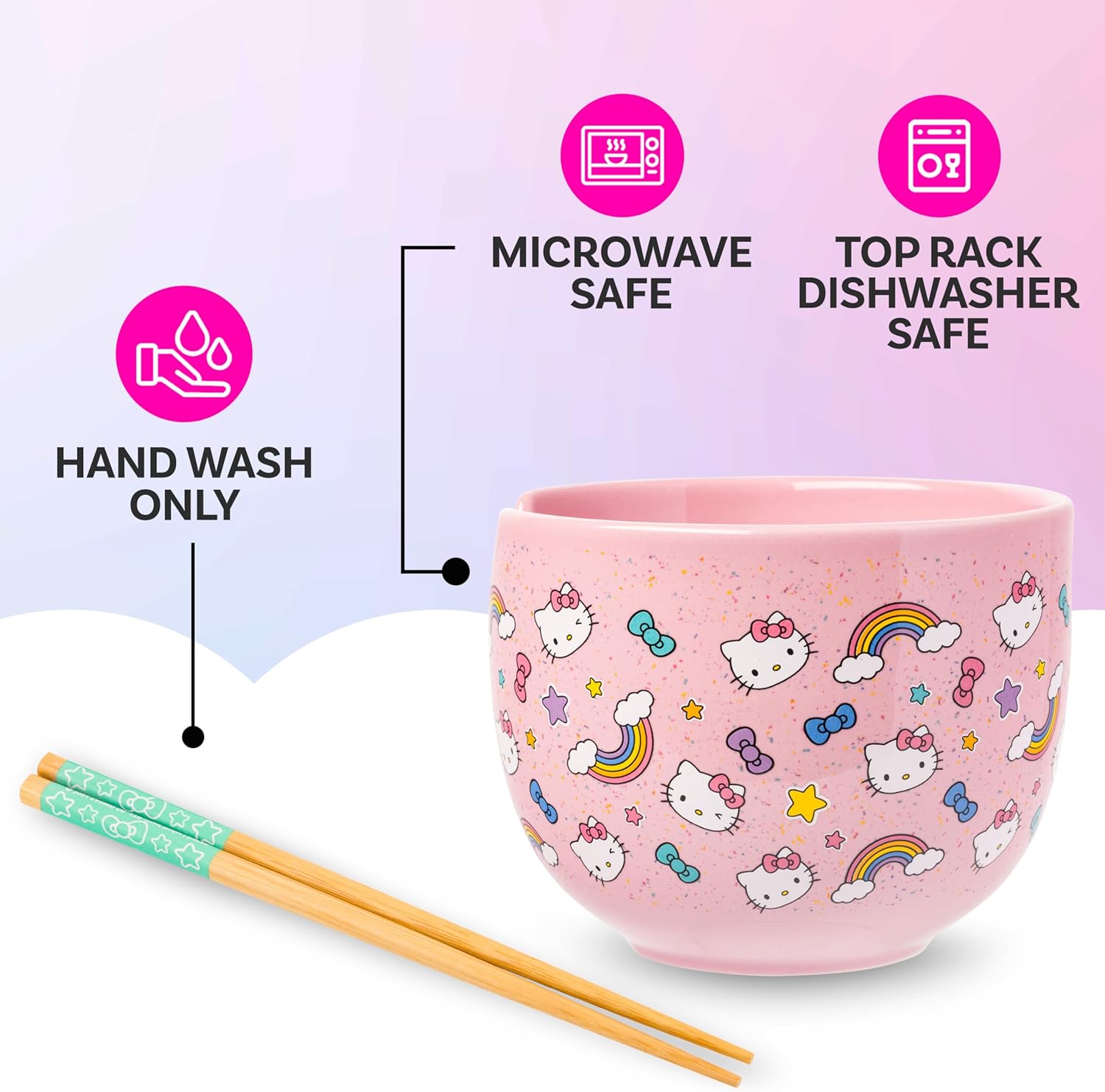 Silver Buffalo Sanrio Hello Kitty Bows Stars Rainbow Pattern Ceramic Ramen Noodle Rice Bowl with Chopsticks, Microwave Safe, 20 Ounces - Image 4