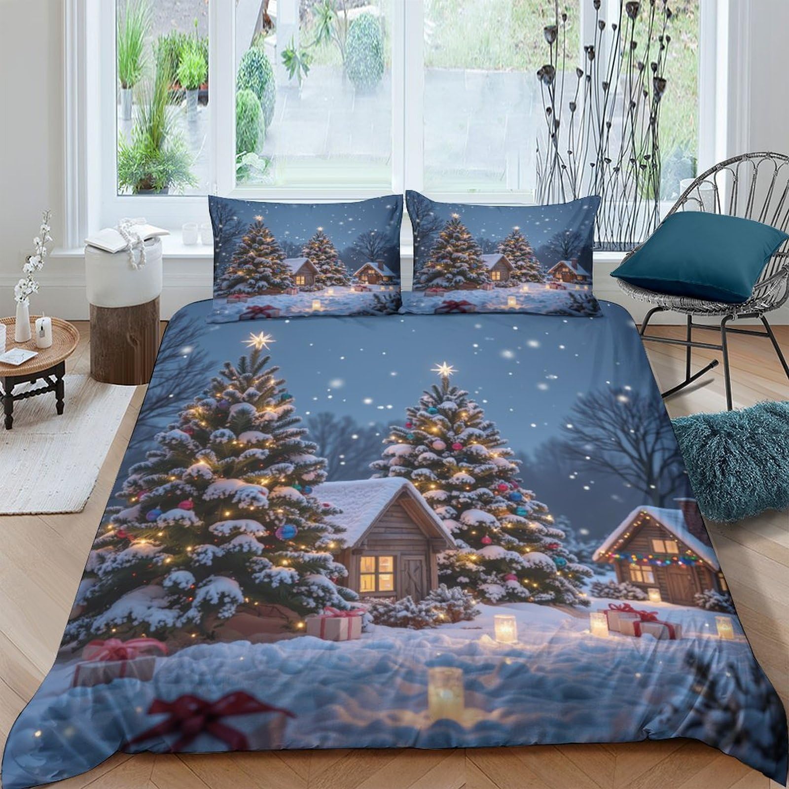 Ctjqhvkz Style-3 3D Printed Snowy Christmas Tree Fitted Sheet Microfiber Soft Winter Cabin Bed Cover For Bedroom Guest Room Mattress Decor Single（135X200cm）