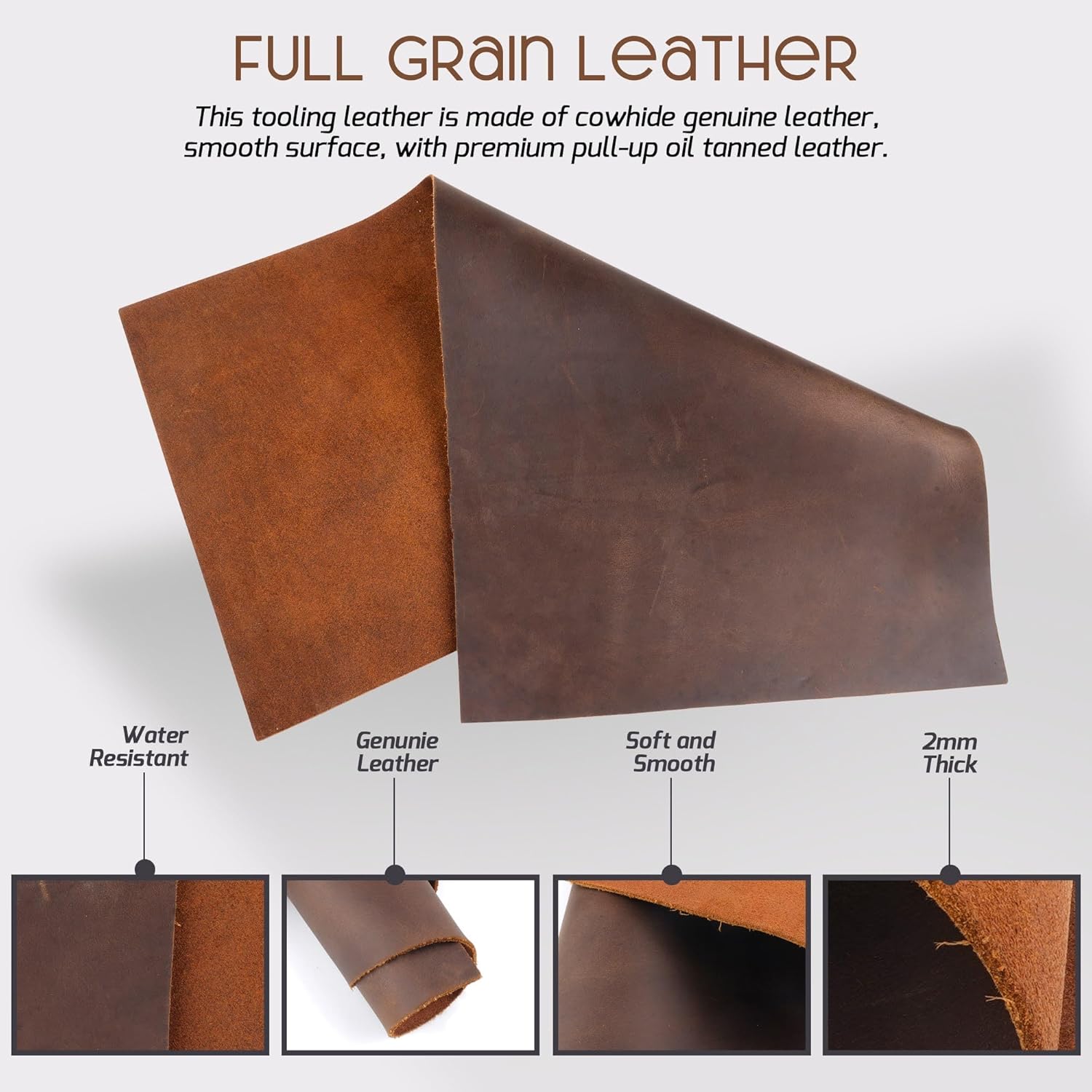 HADZAM Genuine Full Grain Cowhide Leather Sheet, 2mm Thick, Square Pieces for Crafts, Tooling Leather Material