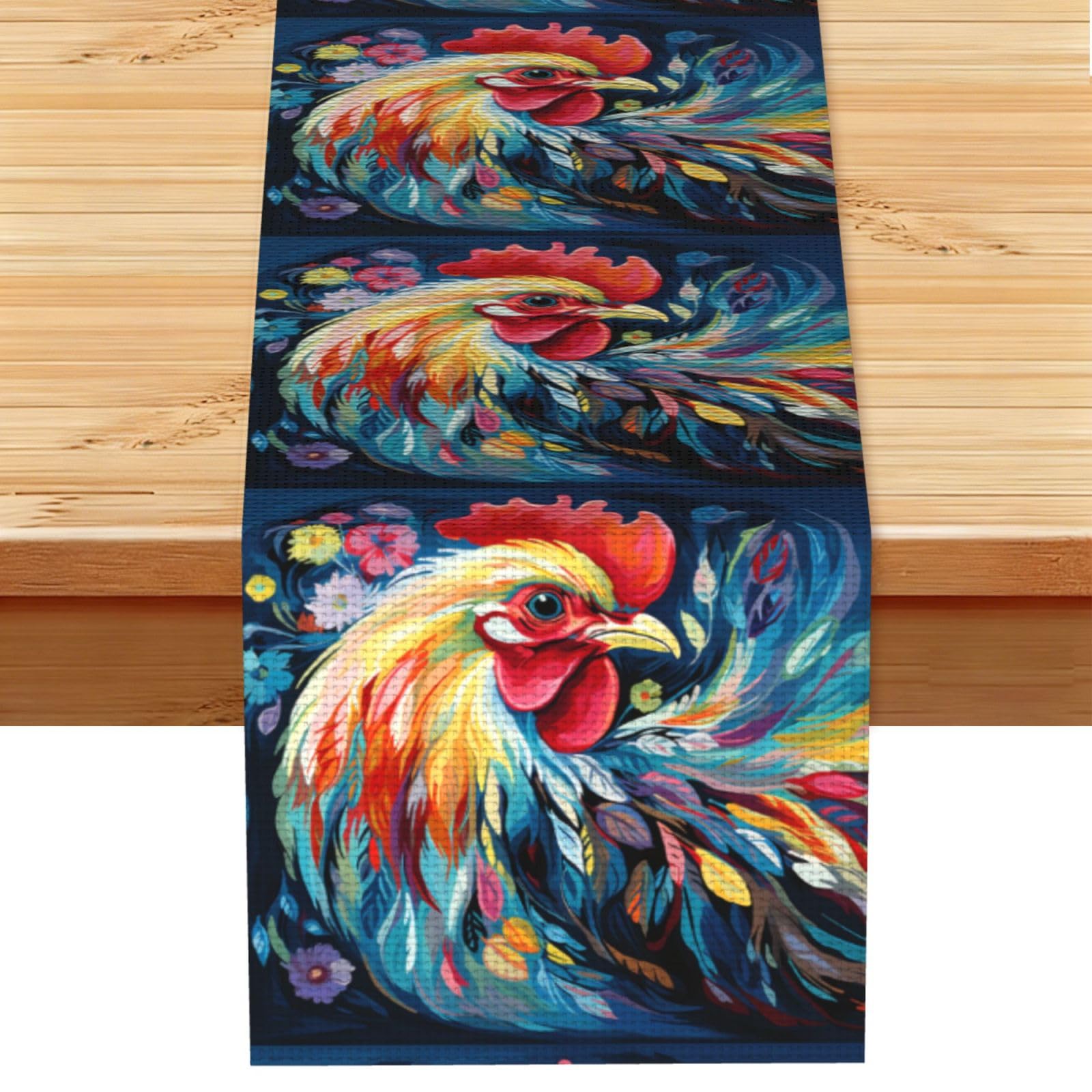Art Colorful Chicken Table Runner 13 x 72 Inches Long, Cotton Linen Table Runners for Kitchen Dining Table Decoration - Washable Tablecloth Modern Tablerunner for Home Party Decor