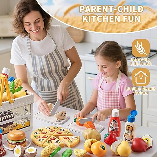 Miniatura 5 de Juegos de comida de juguete para la cocina de los niños, juguetes de comida de simulación de paja de trigo con cesta de picnic para niños y manta de