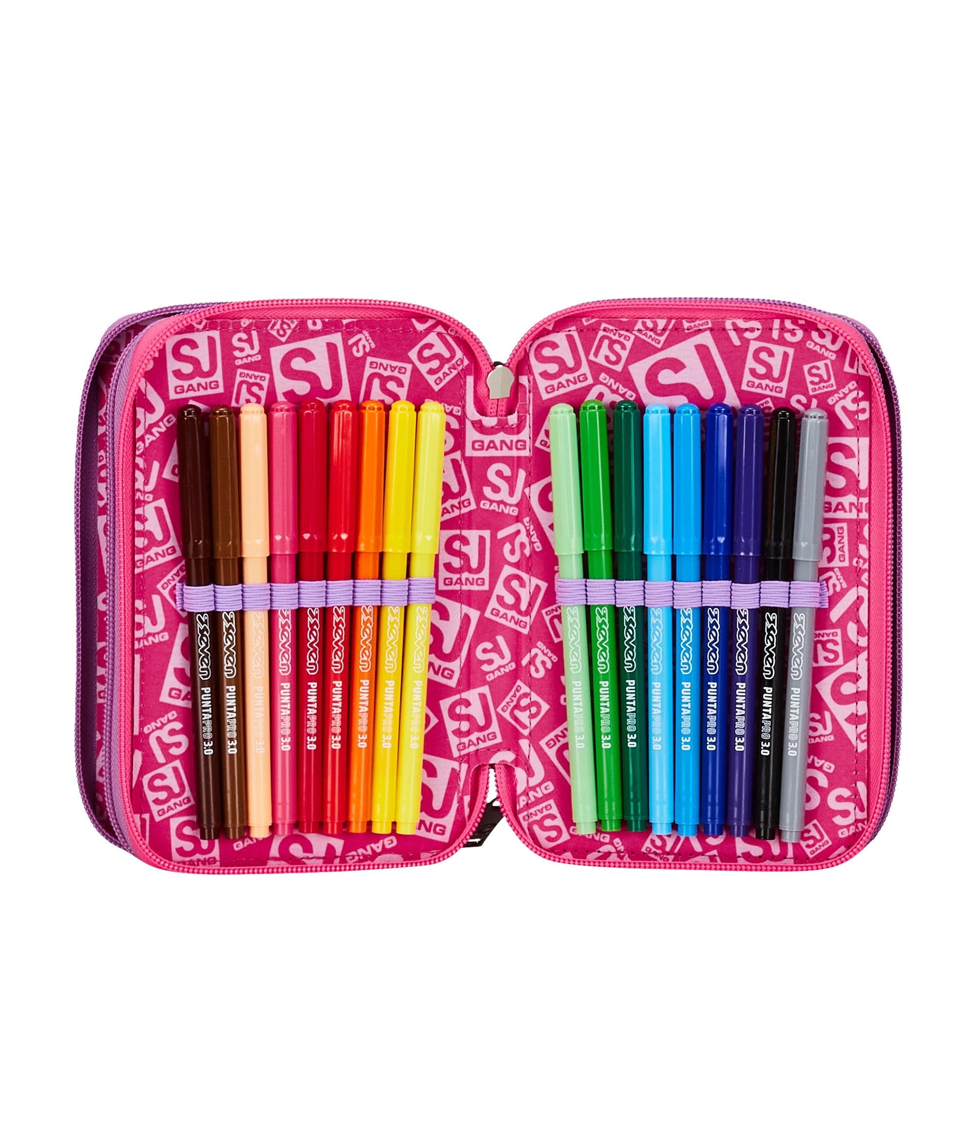 SJ GANG STYLE JAM GANG Astuccio Scuola 3 Zip, Nero e Rosa, Colorful Panda, Portapenne Triplo Scomparto Completo Di Penne, Matite, Colori, Accessori Zaino, Elementari, Medie, Bambina, 30C202461-379