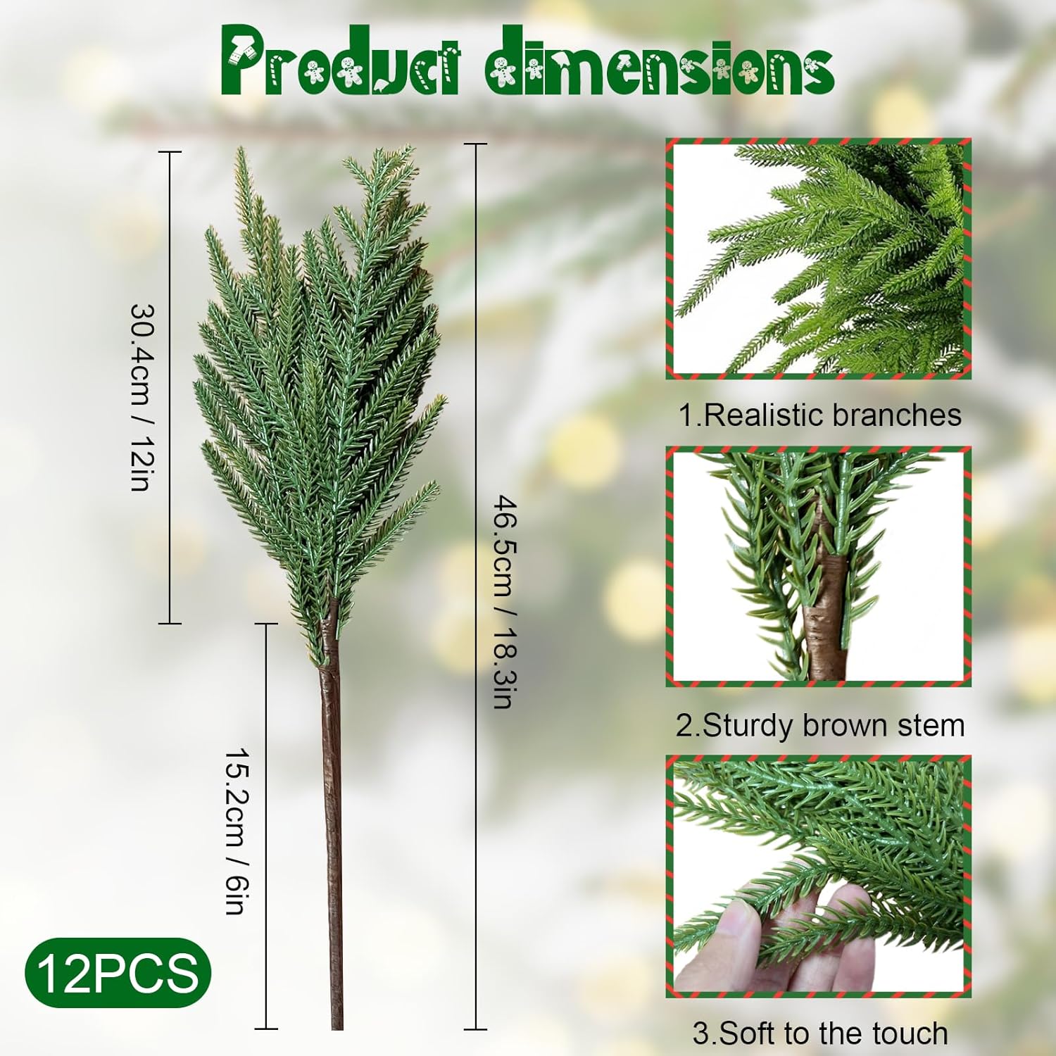 12 Pcs Christmas Norfolk Pine Branches: 18 Inch Artificial Faux Realistic Real Touch Greenery Cedar for Vase DIY Craft Garland Wreath Indoor Home Decorations - Image 3