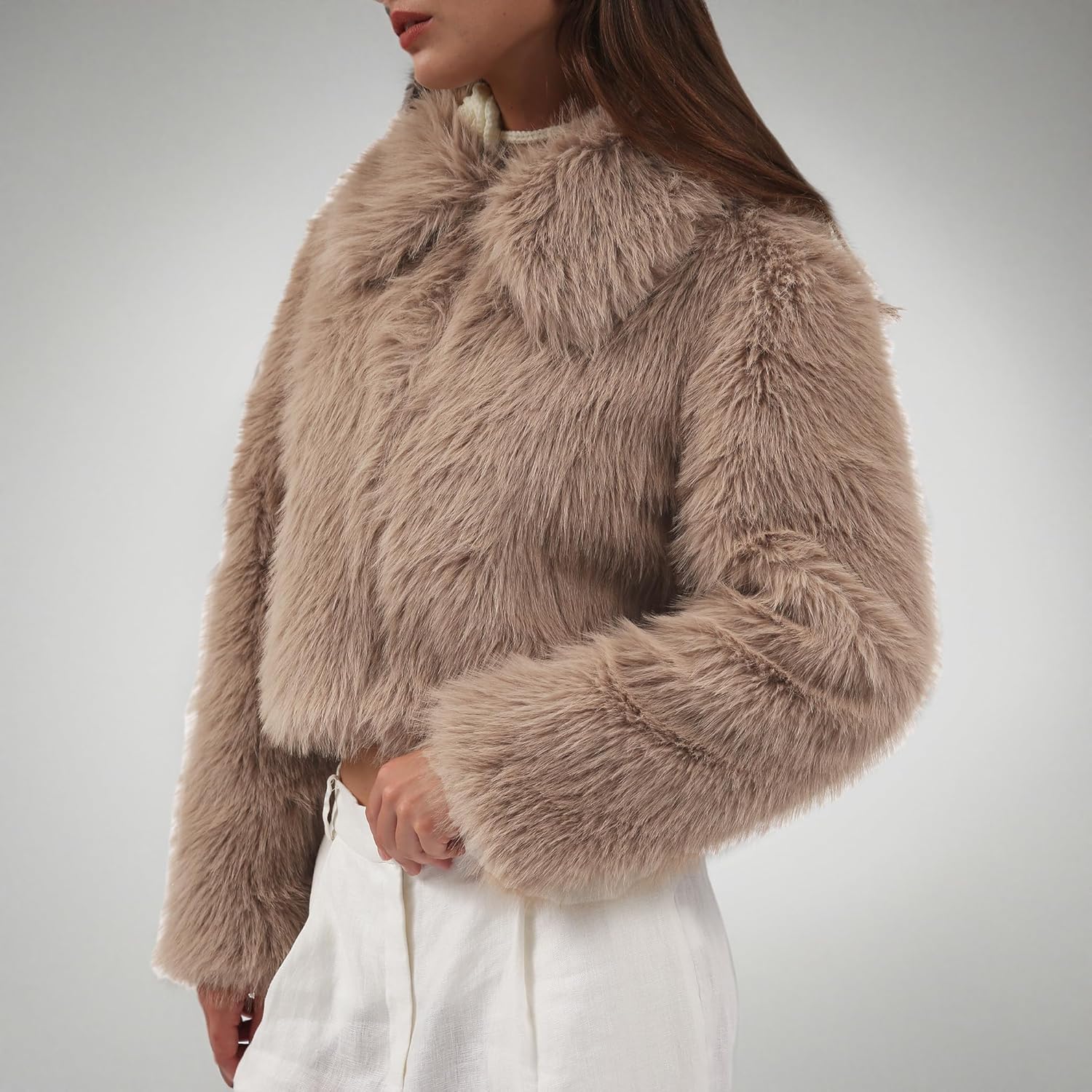 Amazhiyu Womens Faux Fur Zip-Up Cropped Jacket Long Sleeve Warm Winter Coat - Image 6