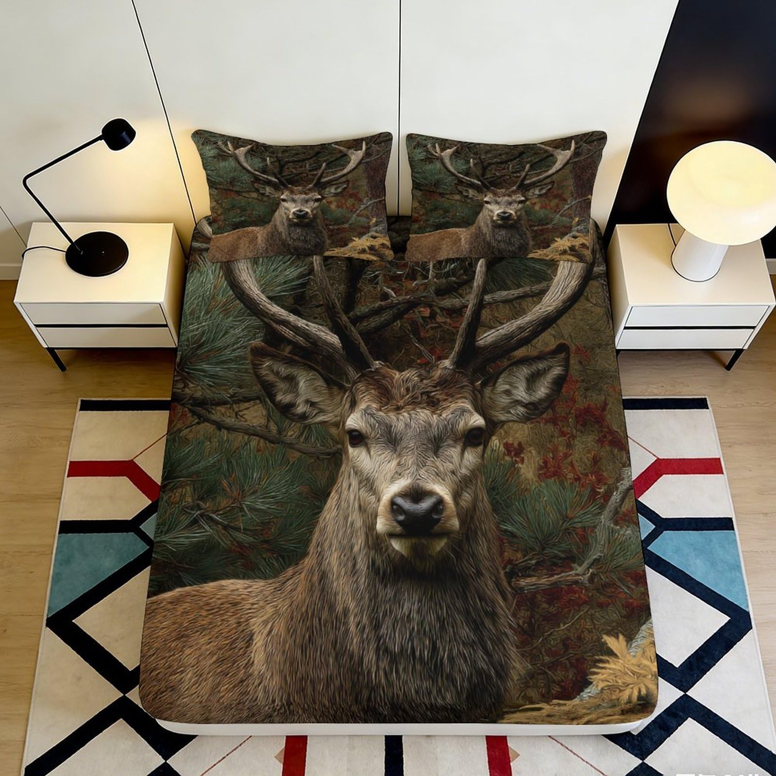 3D Printed Forest Deer Fitted Sheet Microfiber Soft Breathable Antler Woodland Bed Cover for Bedroom Decor Protection 90x200x25cm