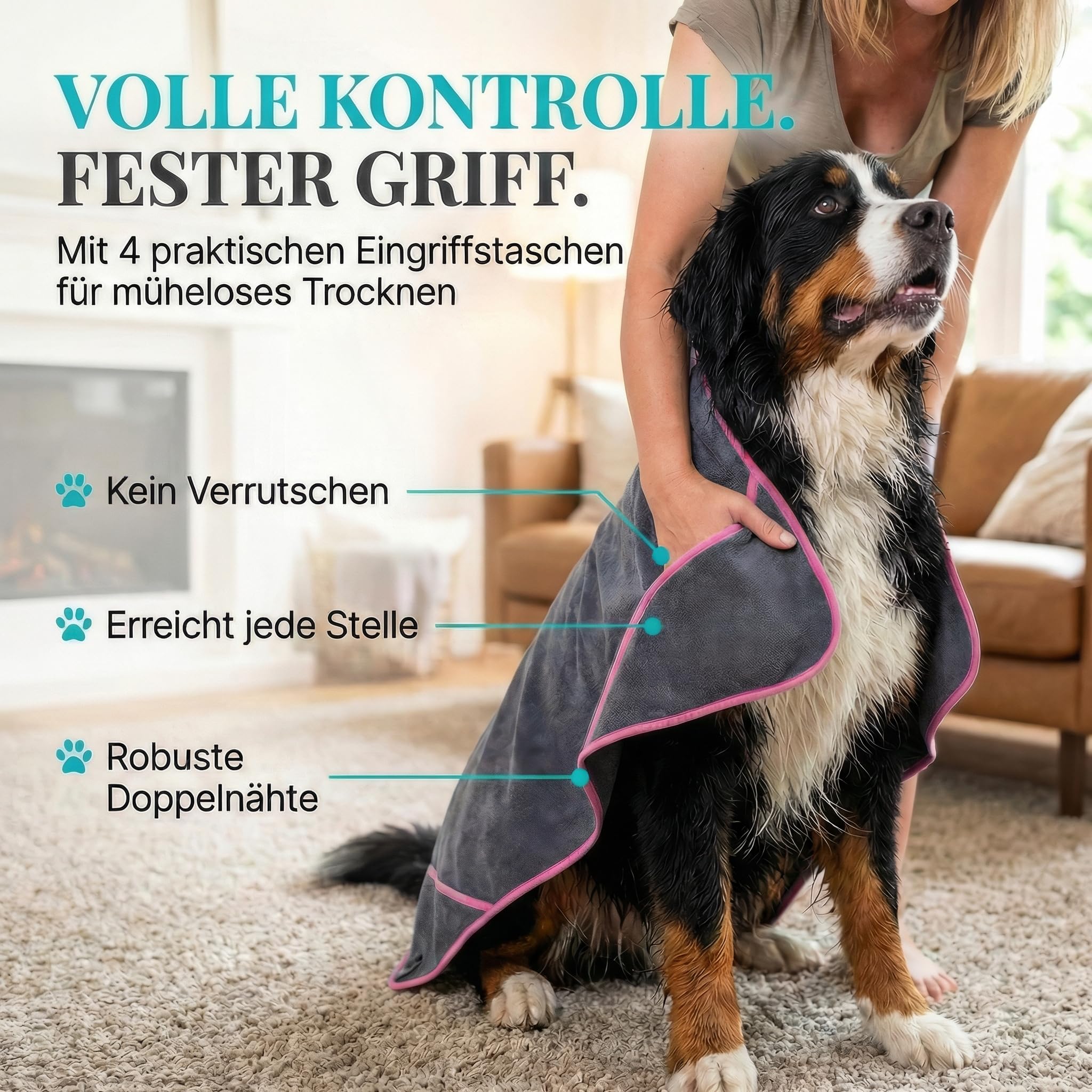 HUND IST KÖNIG Serviette pour Chien de qualité supérieure - Extra absorbante - Ultra Douce et Moelleuse - en Microfibre puissante - avec 4 Poches - Lavable à 60 °C - Séchage Rapide - 130 x 75 cm
