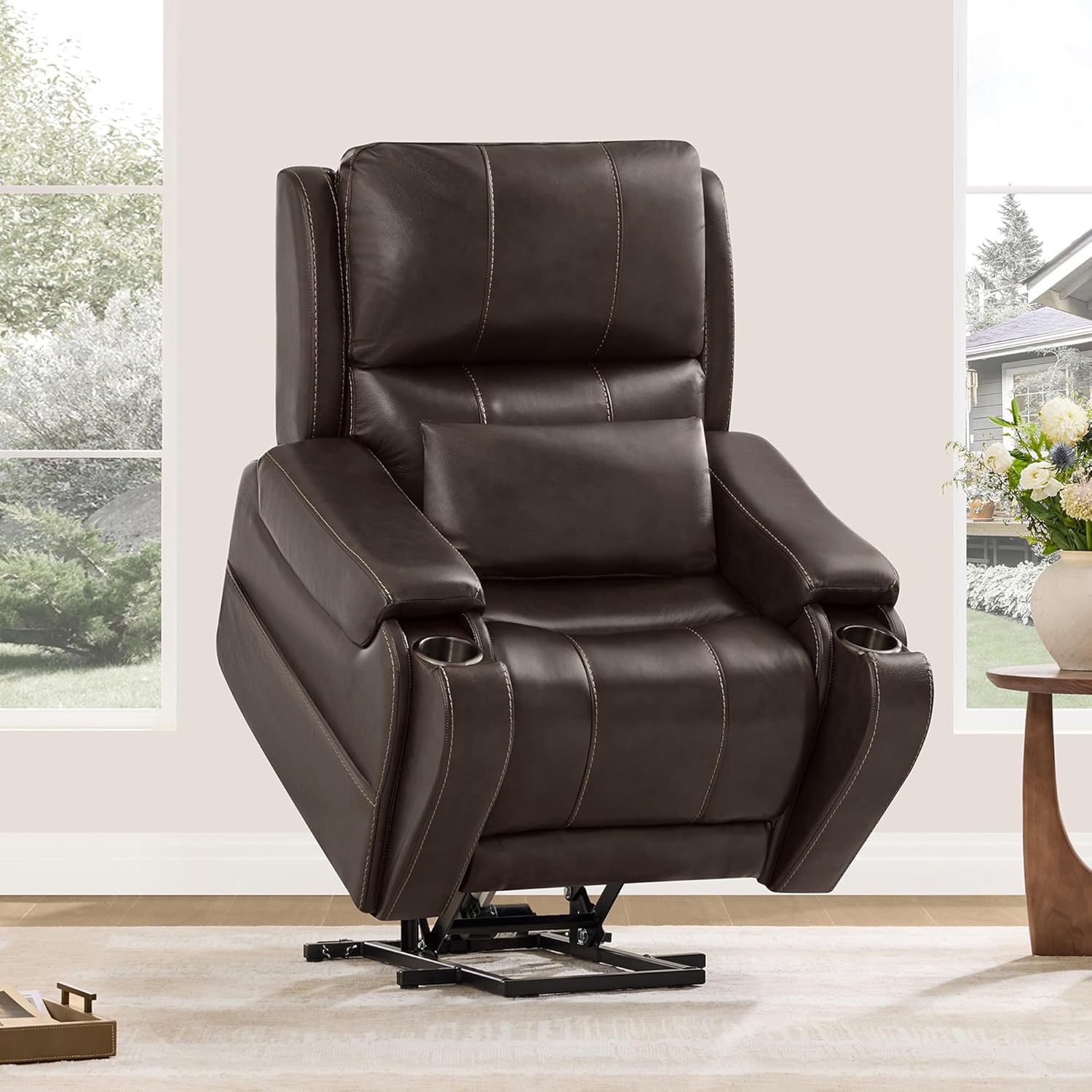 CHITA Power Lift Recliner Chair for Elderly with Heat and Massage, Genuine Leather Electric Lift Chairs with Cup Holder, Removable Lumbar Pillow, 2 Side Pockets, Leather in Brown