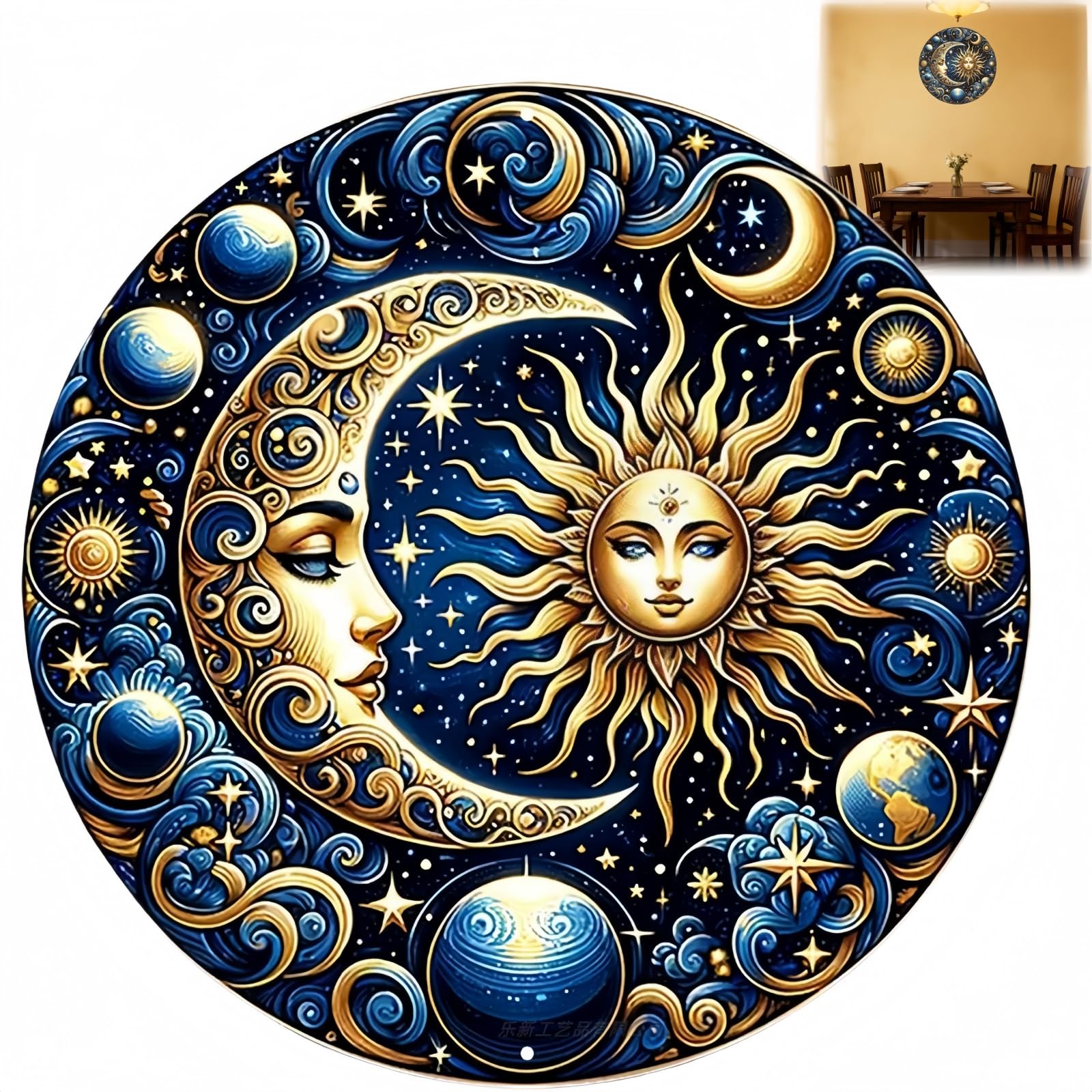 Cel/estial Sun Moon Vintage Round Wall Sign,Cosmic Galaxy Bohemian Vintage Home Decor,Wall Decoration for Living Room,Outdoor Wall Art,Garden Wall Plaques,Indoor Outdoor Gifts and Decor