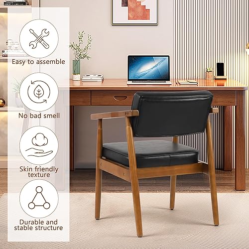 Miniatura 6 de LSSPAID Sillas de comedor de mediados de siglo con barandilla de madera, sillón tapizado de piel sintética de tela beige, cómodo respaldo, sillas de