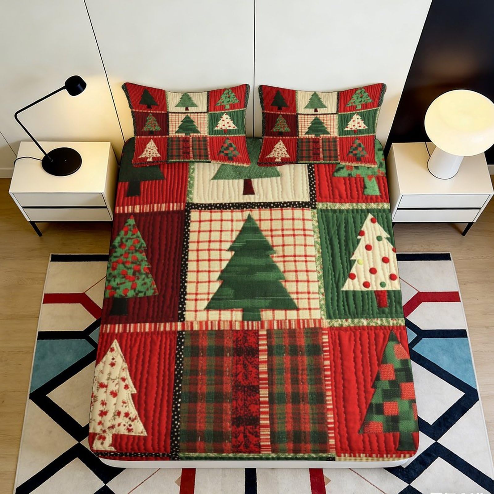 3D Printed Christmas Tree Fitted Sheet Microfiber Red Green Patchwork Bed Cover for Bedroom Guest Room Decor 90x200x25cm