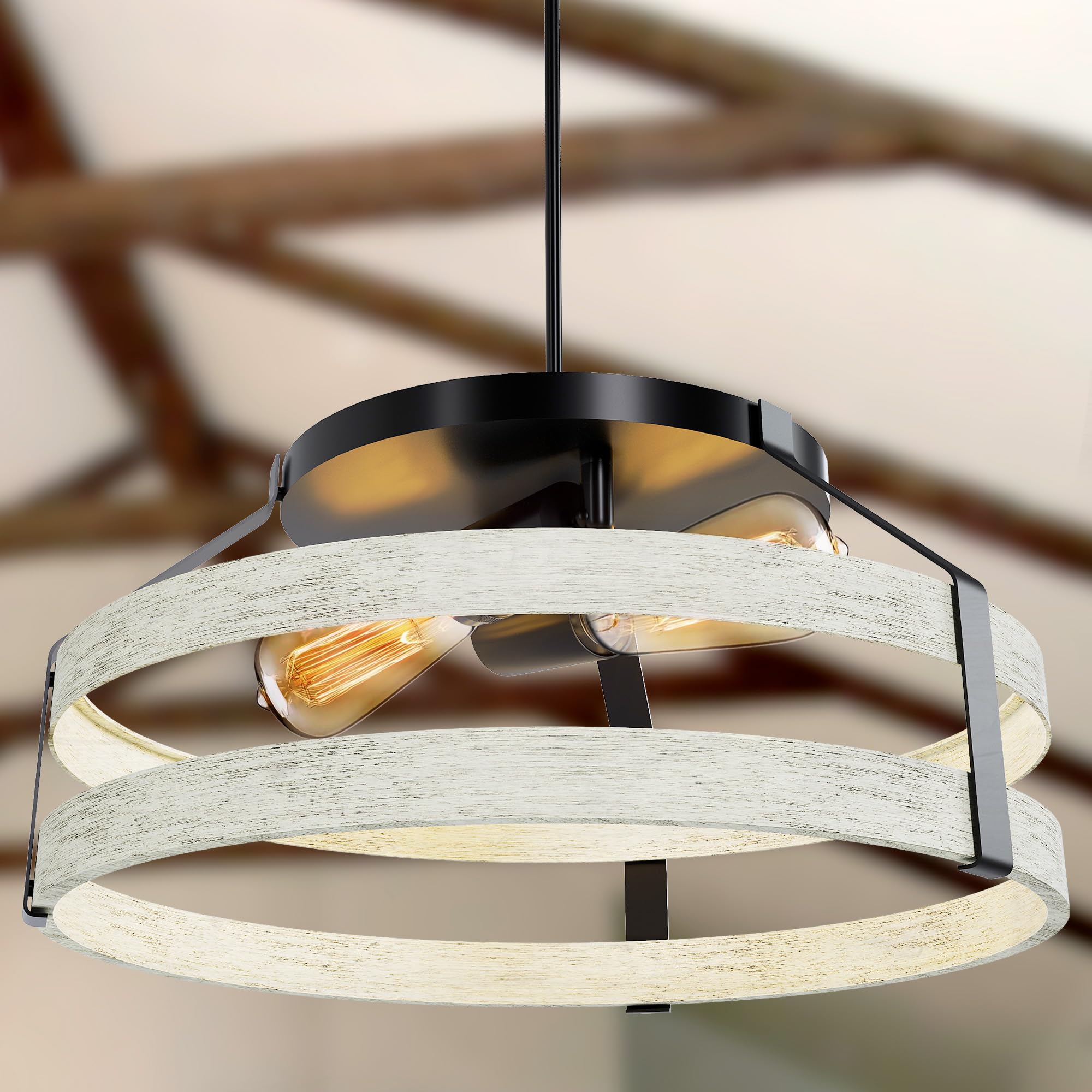 Round Farmhouse Chandelier for Dining Room, 2-Light Pendant Lighting for Rustic Kitchen Island, Iron Industrial Light Fixtures Ceiling for Living Room, Bedroom, Hallway, Wood Texture On Metal