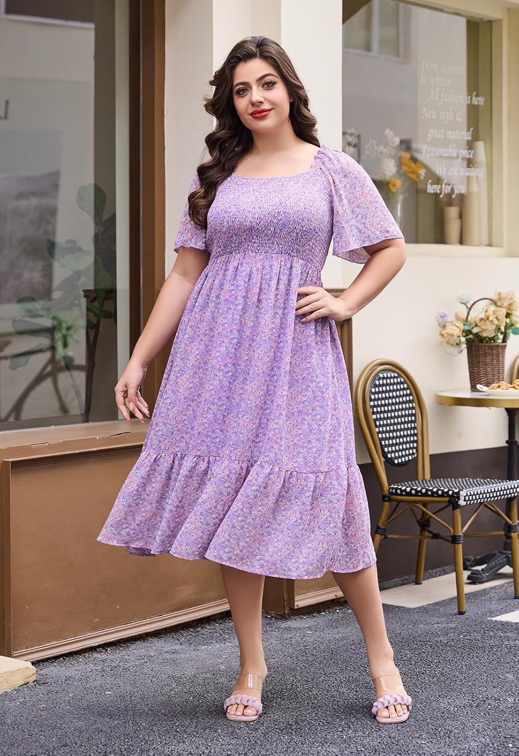 Keluummi Plus Size Wedding Guest Midi Dresses for Curvy Women, Summer Casual Boho Floral Smocked Empire Waist A Line Sundress - Image 2