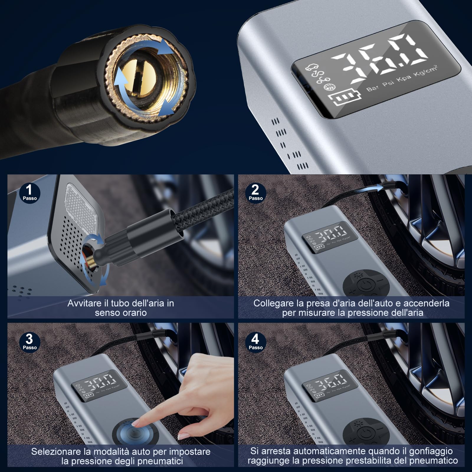 HYCHIKA Compressore Aria Portatile 12V, 6000mAh 150PSI Mini Compressore Portatile, Gonfiatore Gomme Auto con Schermo LCD Digitale, Pompa per Bicicletta, Auto, Moto, Monopattino, Palloni