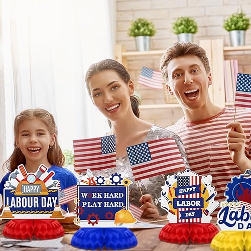 Miniatura 5 de Lenwen Juego de 48 piezas de decoraciones para el Día del Trabajo con centros de mesa de panal 3D para fiesta del trabajo, espirales colgantes,