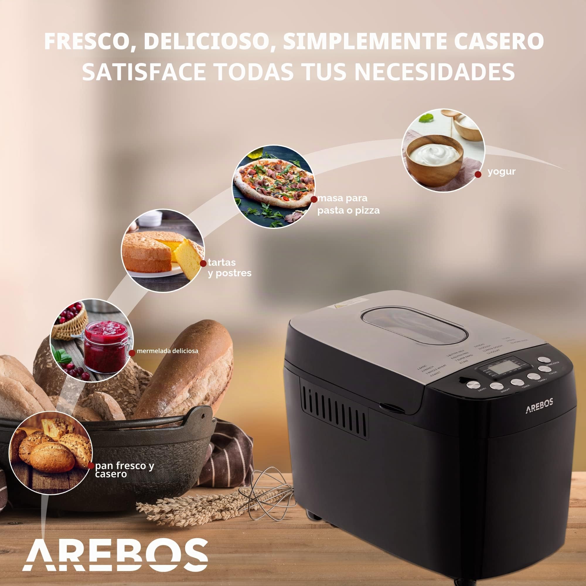 Arebos Panificadora 1500 g | con 15 programas | 2 ganchos para amasar | temporizador | pantalla LCD | 3 niveles de tostado y tamaños de pan | 850 W | Negro