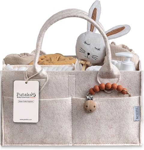 PUTSKA Baby Diaper Caddy Organizer Nursery Basket - Baby Basket Gift Registry For Baby Shower List. Baby Must Haves Essentials. Neutral Baby Stuff For Newborn Boy Nursery Decor Or Girl(Mocha 15x9x7)