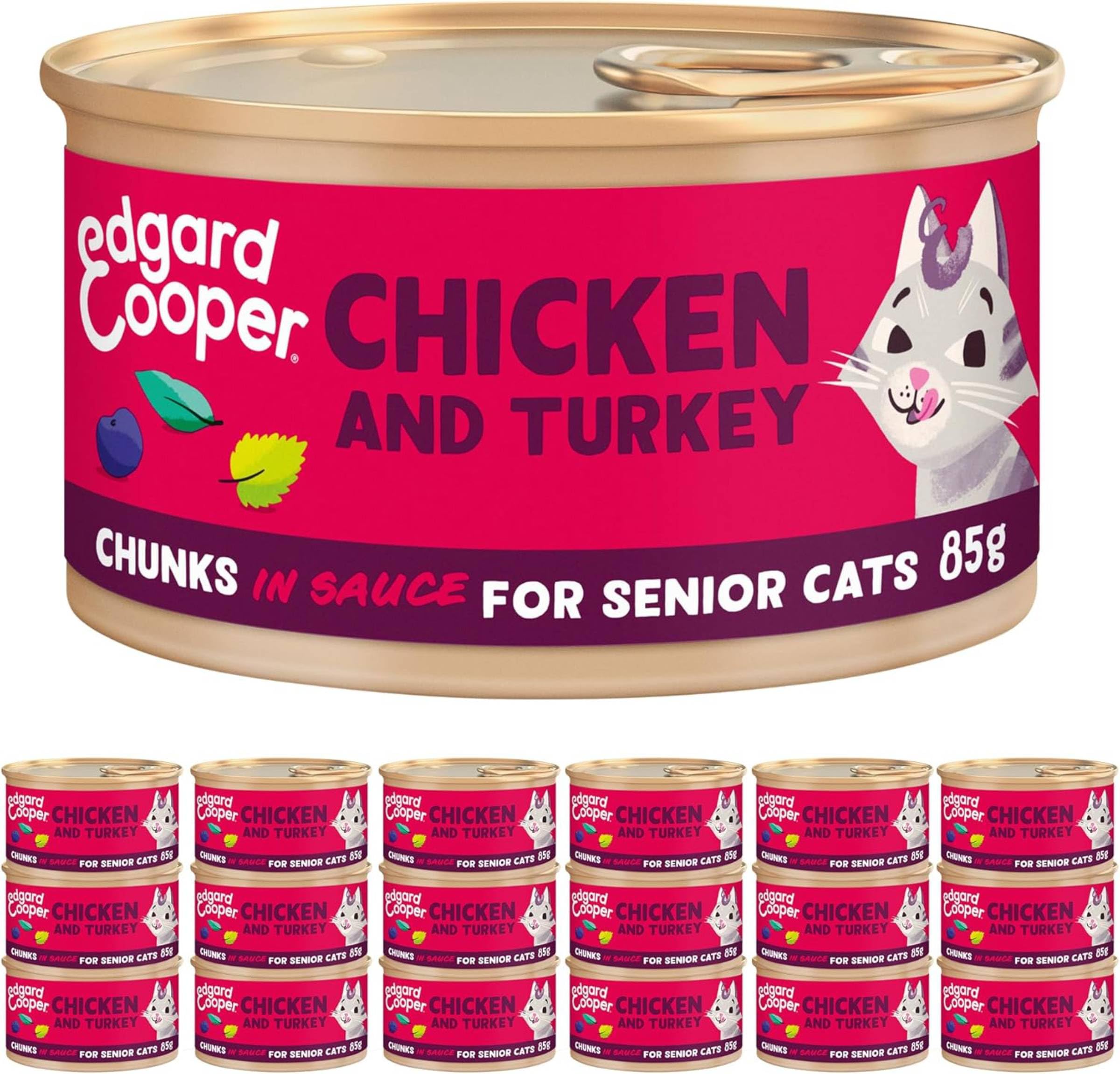 Edgard & Cooper Comida Húmeda Gatos Esterilizados o Activos Gatos Mayores Senior Trozos en Salsa Natural Sin Cereales Latas 85g x 16 Pollo & Pavo, Alimentación Sana Sabrosa y Equilibada