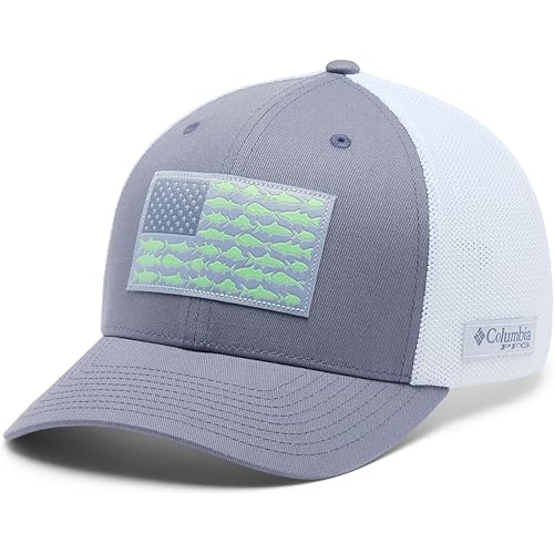 Columbia Unisex PFG Fish Flag Mesh Ball Cap, New Moon/Fish Flag, L/XL